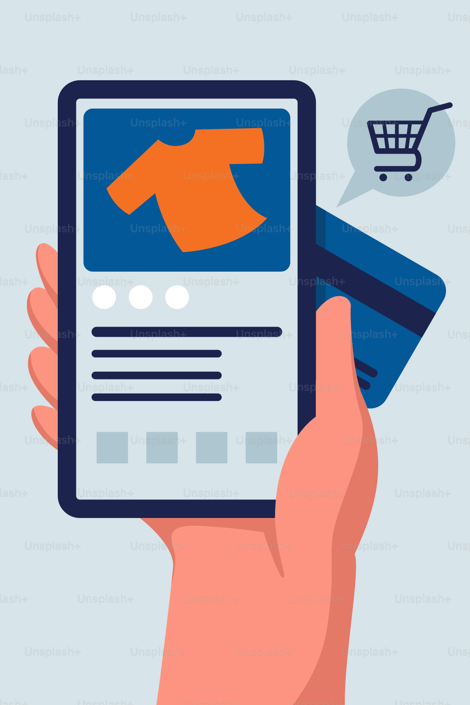 A hand holding a smart phone with a credit card in front of it