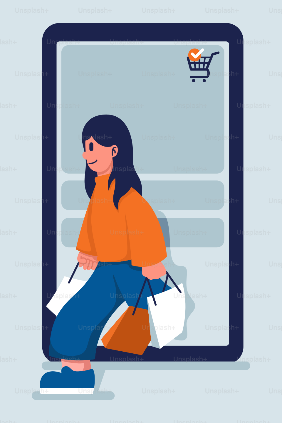 A woman carrying shopping bags and a shopping cart