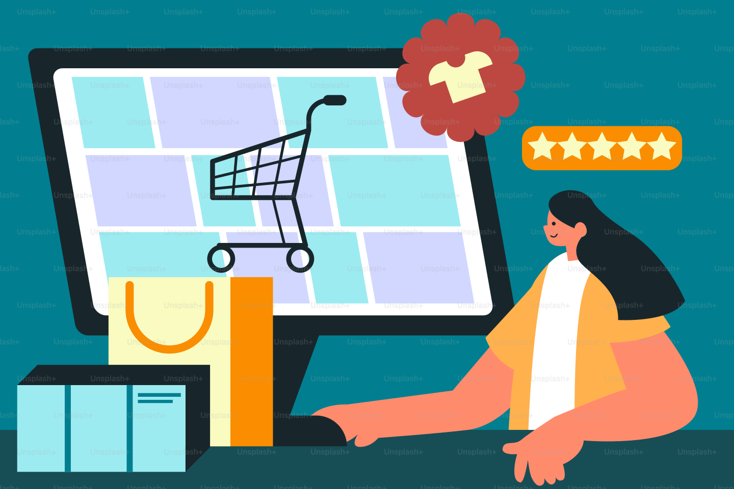 A woman sitting in front of a computer with a shopping cart on it