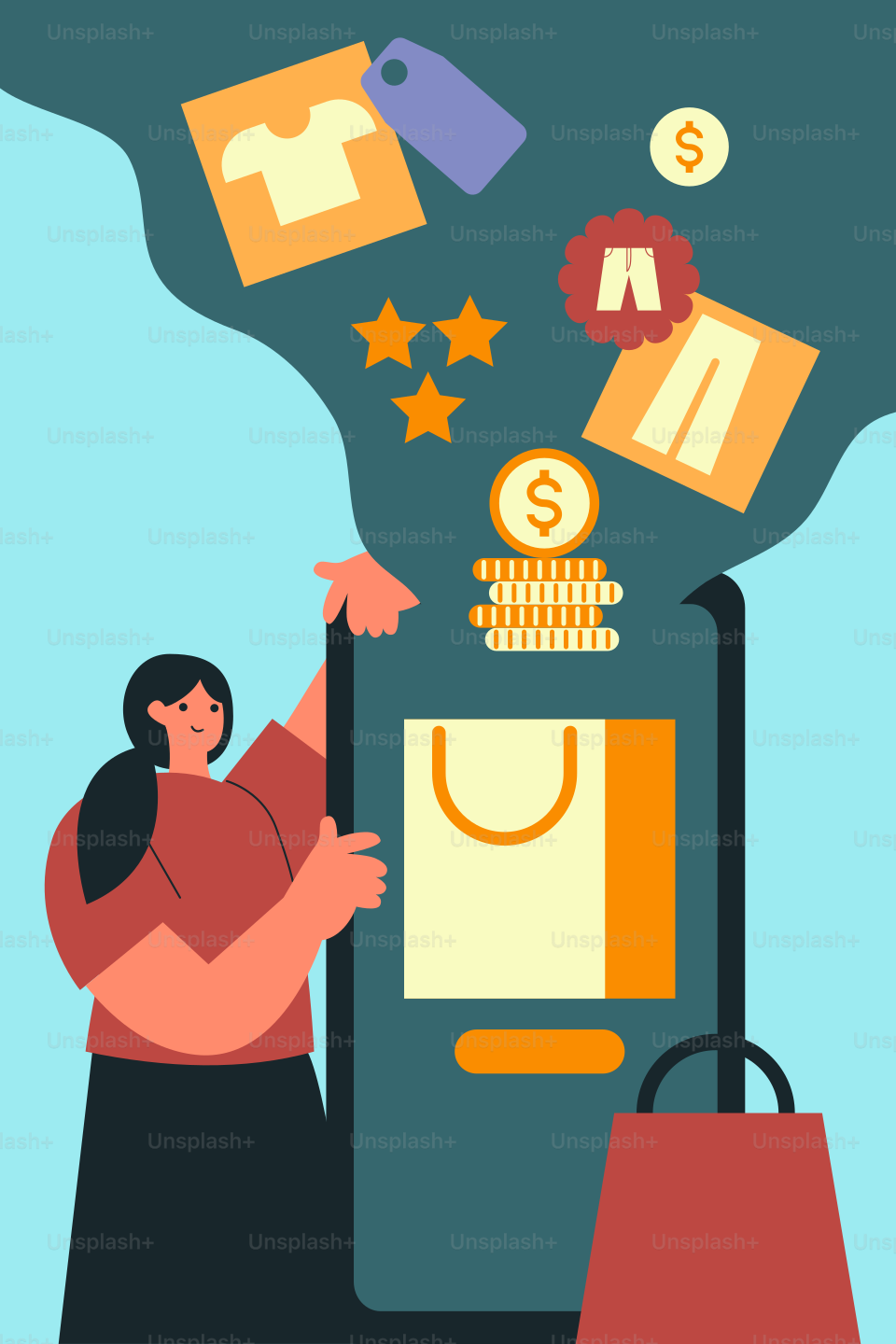 A woman pointing at a phone screen with icons coming out of it