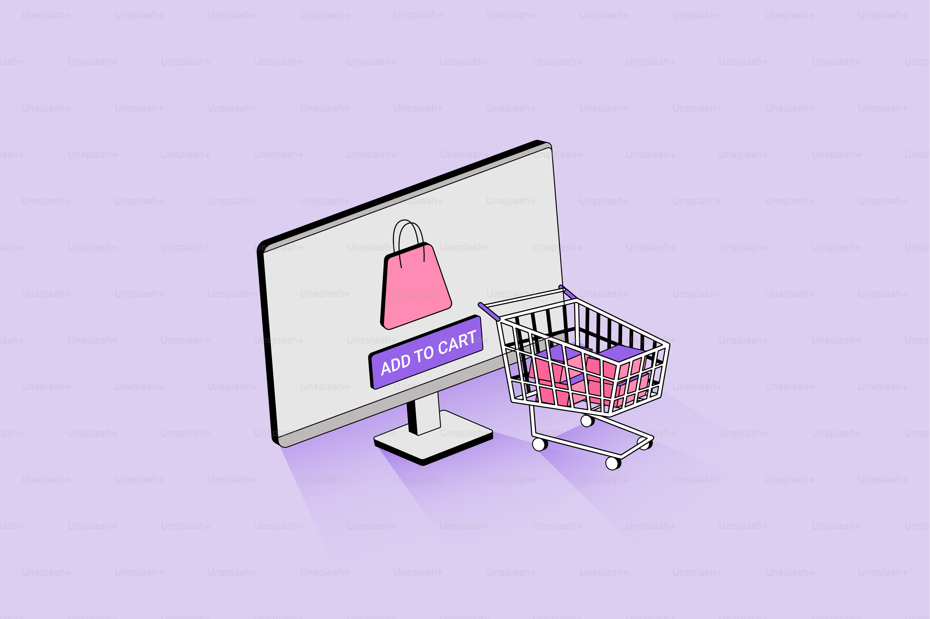 A computer screen with a shopping cart in front of it