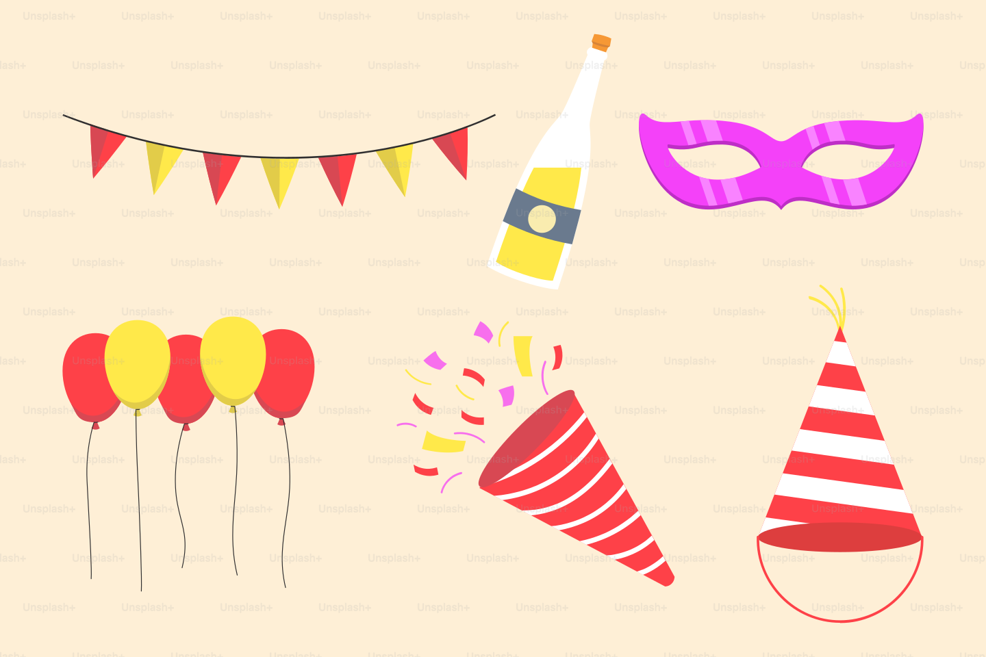 Ein Set von Party-Gegenständen, darunter eine Maske, Girlander, Girlanden und