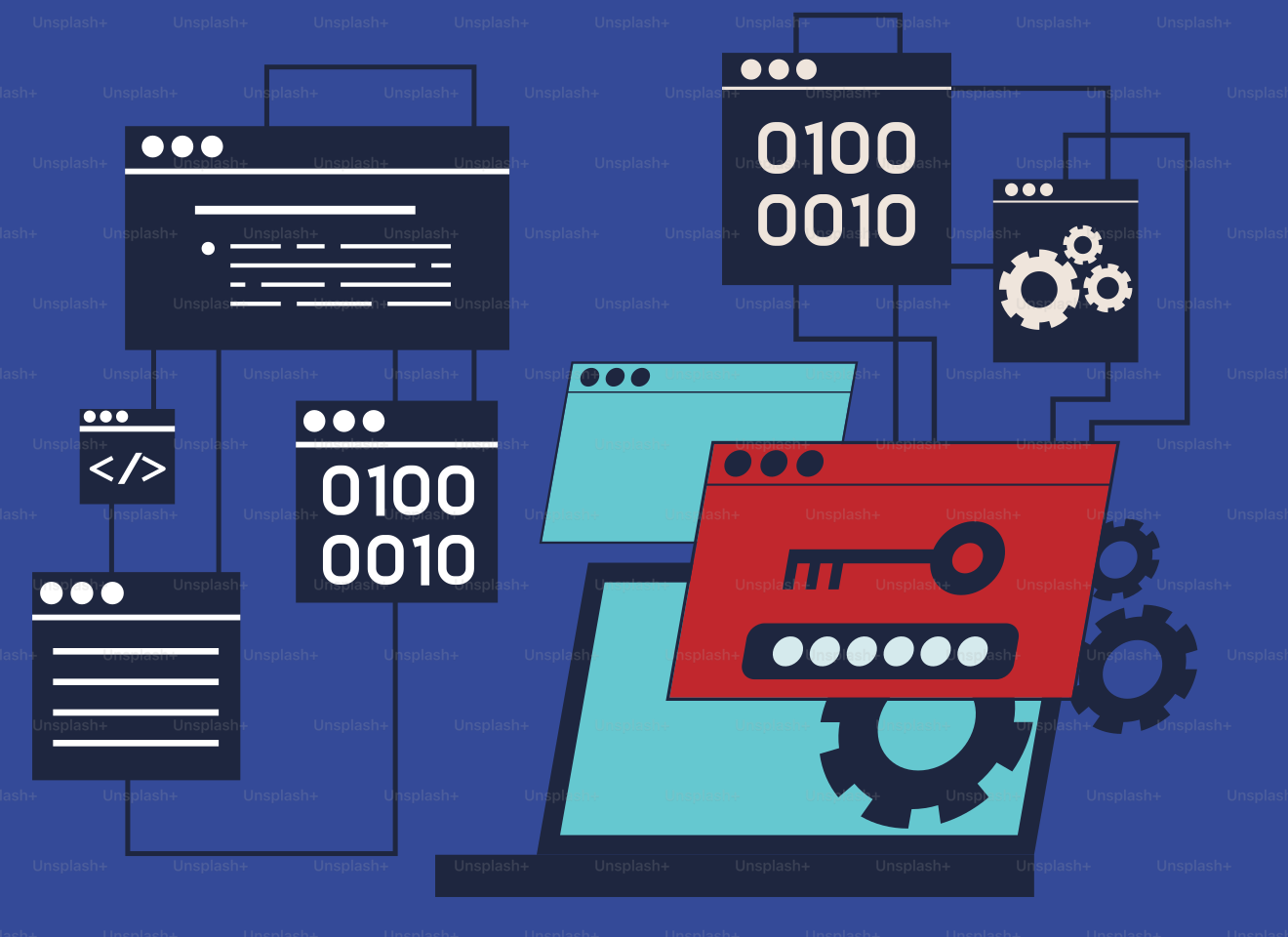 A blue background with a bunch of different types of electronic devices