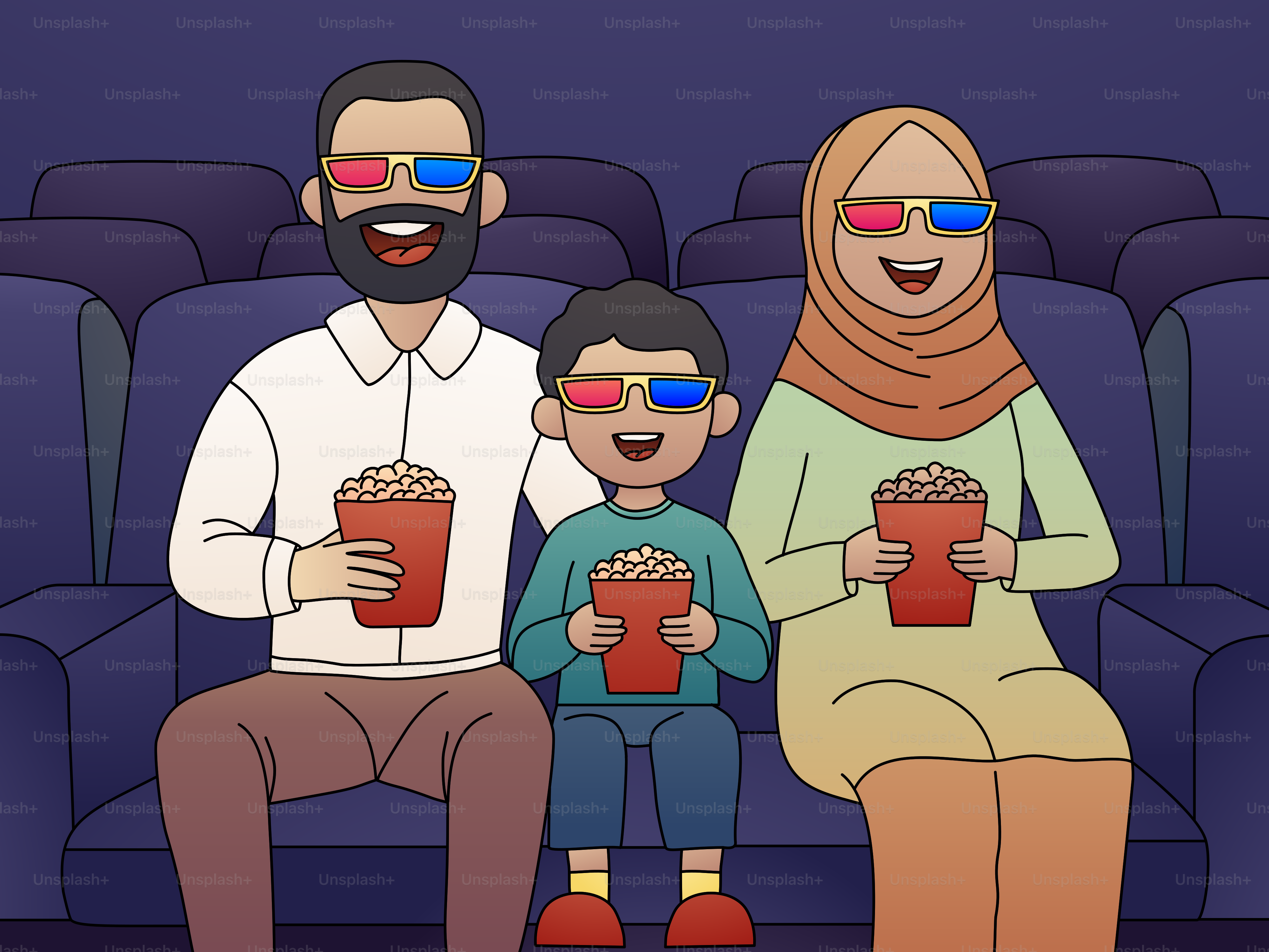 Eine Familie, die mit 3D-Brille im Kino sitzt