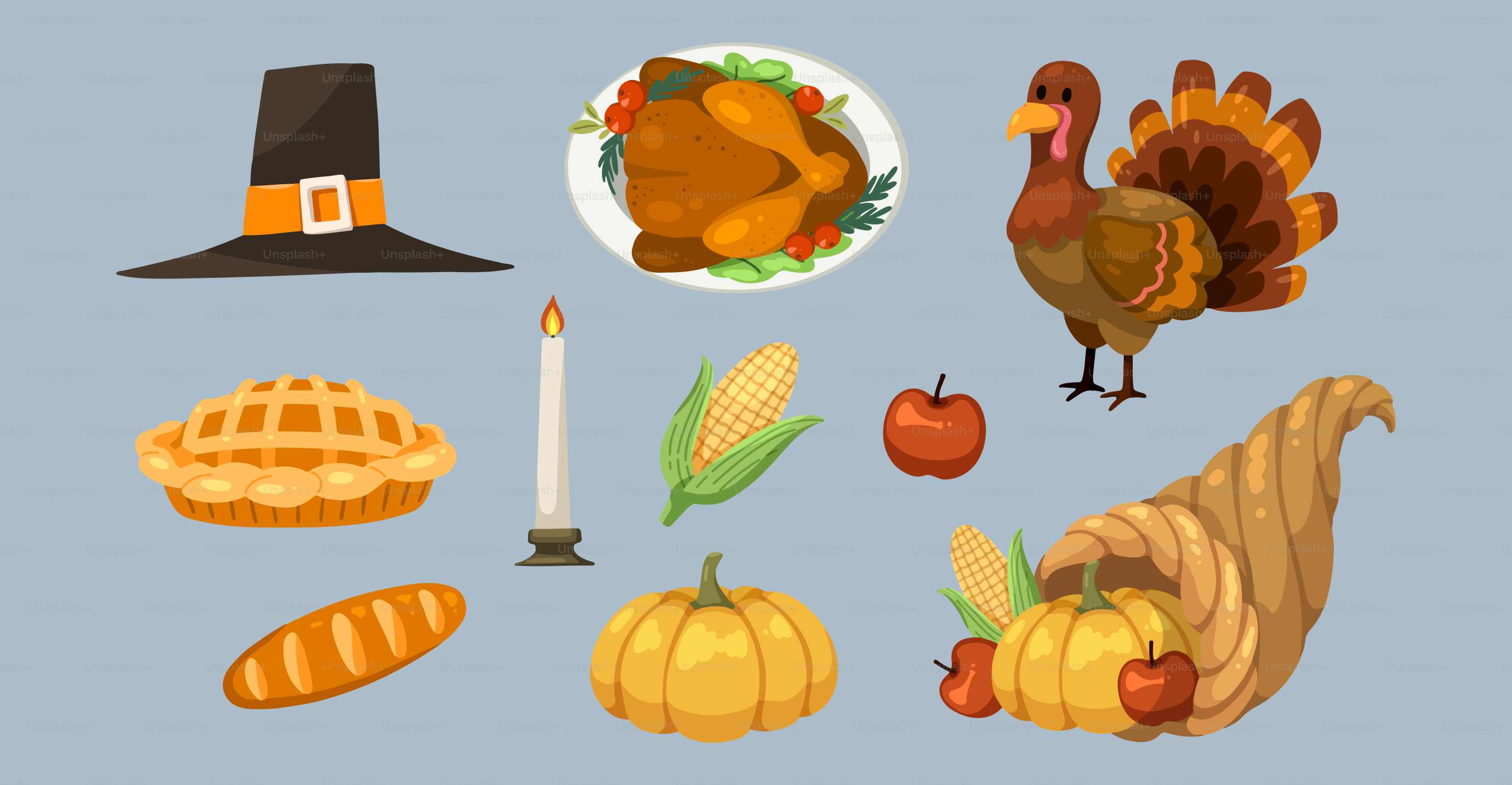 A thanksgiving card with a turkey, pumpkins, cornucts, and other