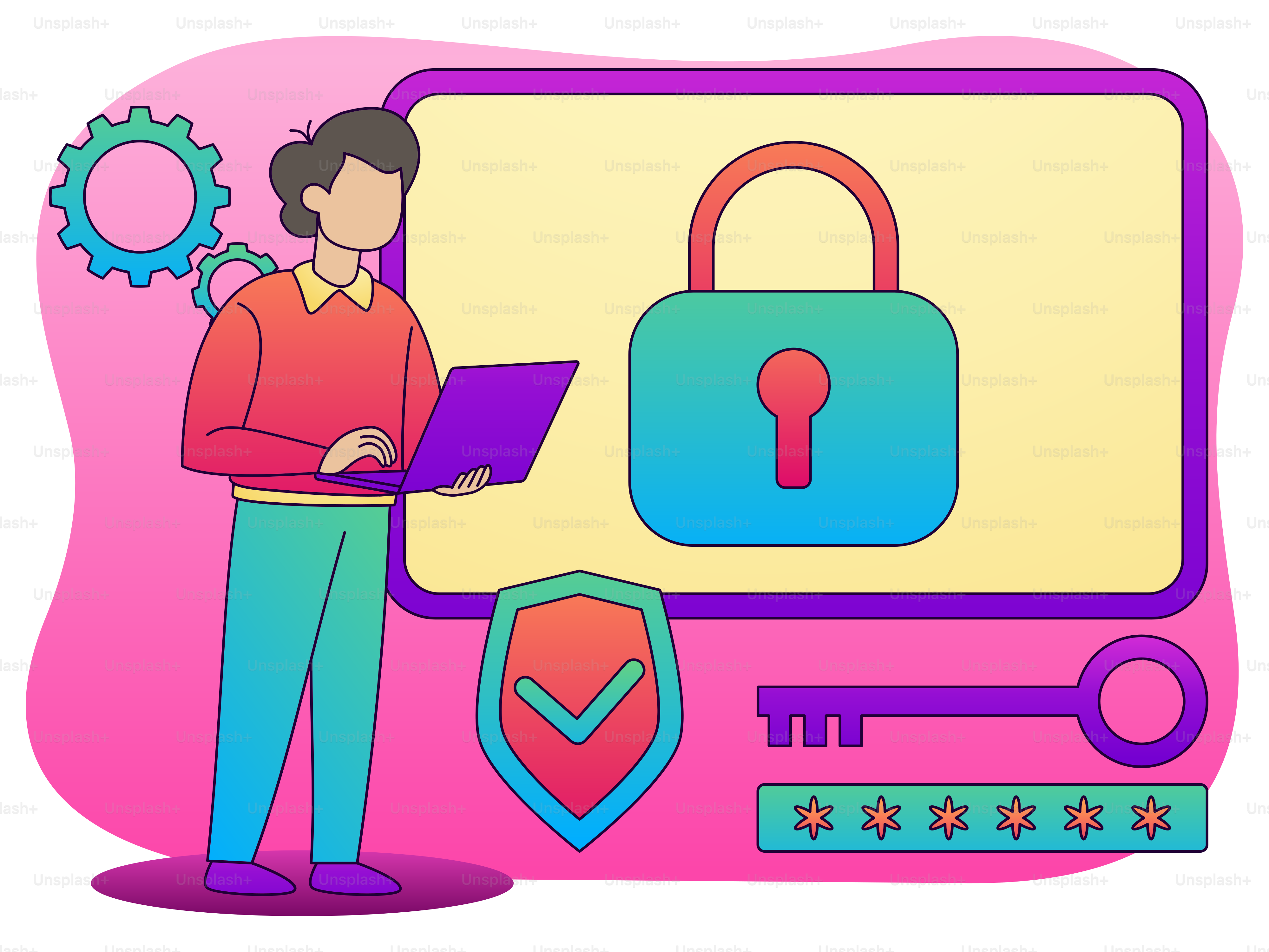 A man standing in front of a computer with a padlock on it