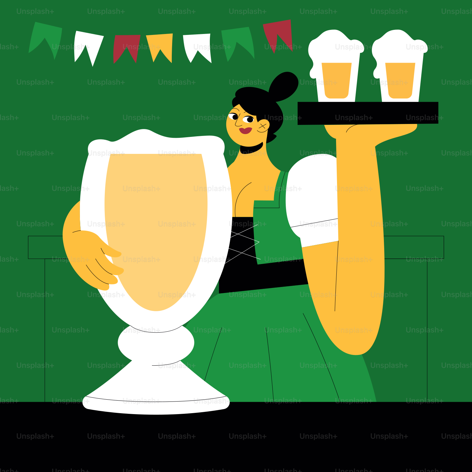 A woman holding a tray with a glass of beer