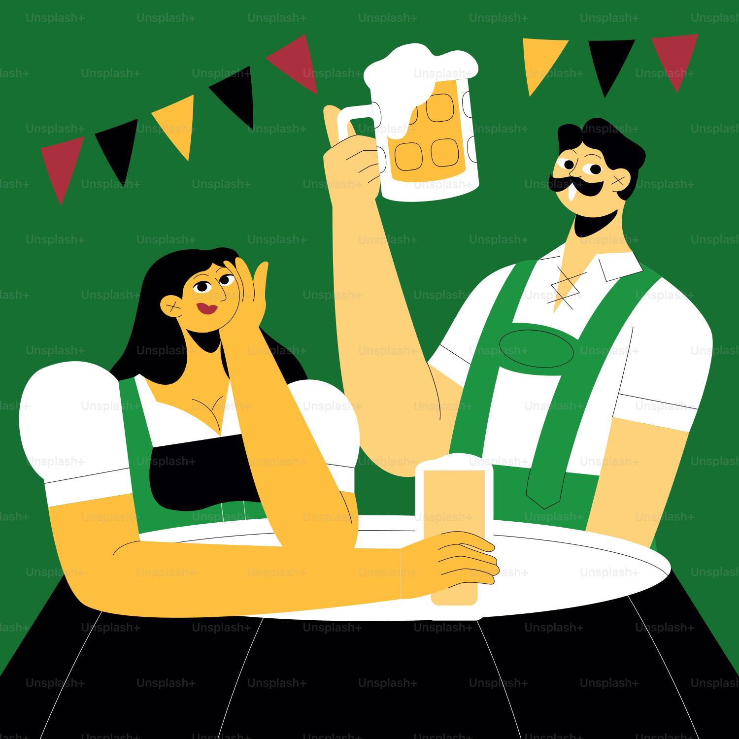 Un hombre y una mujer sentados a una mesa bebiendo cerveza