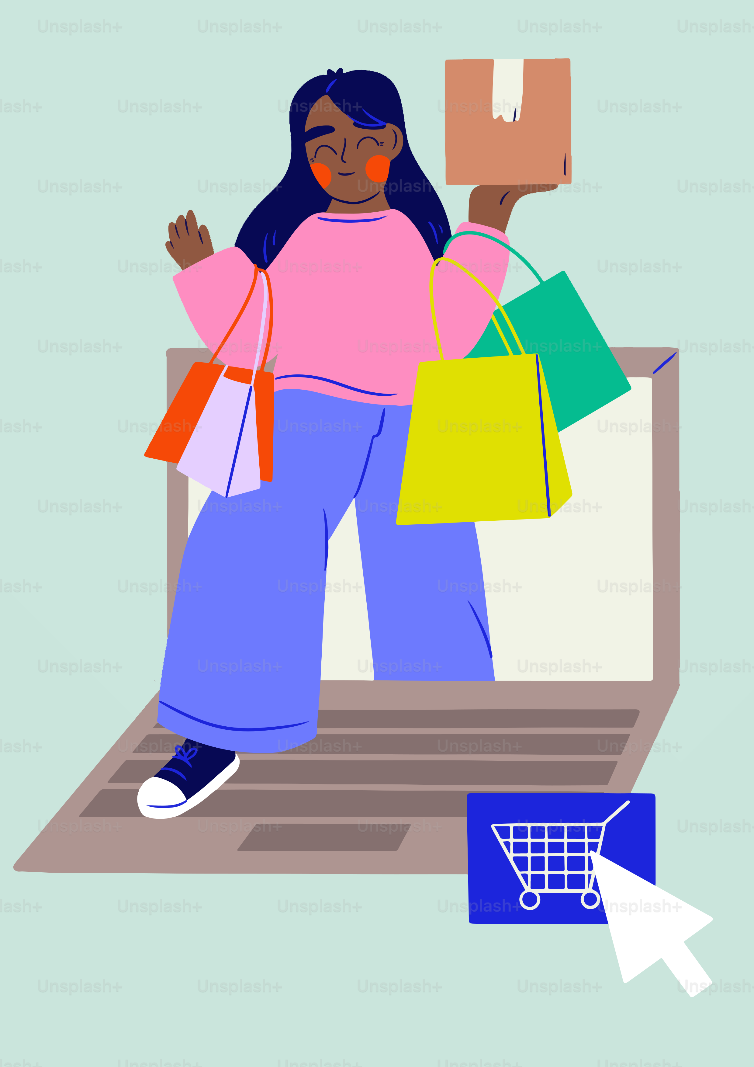 A woman sitting on a laptop holding shopping bags