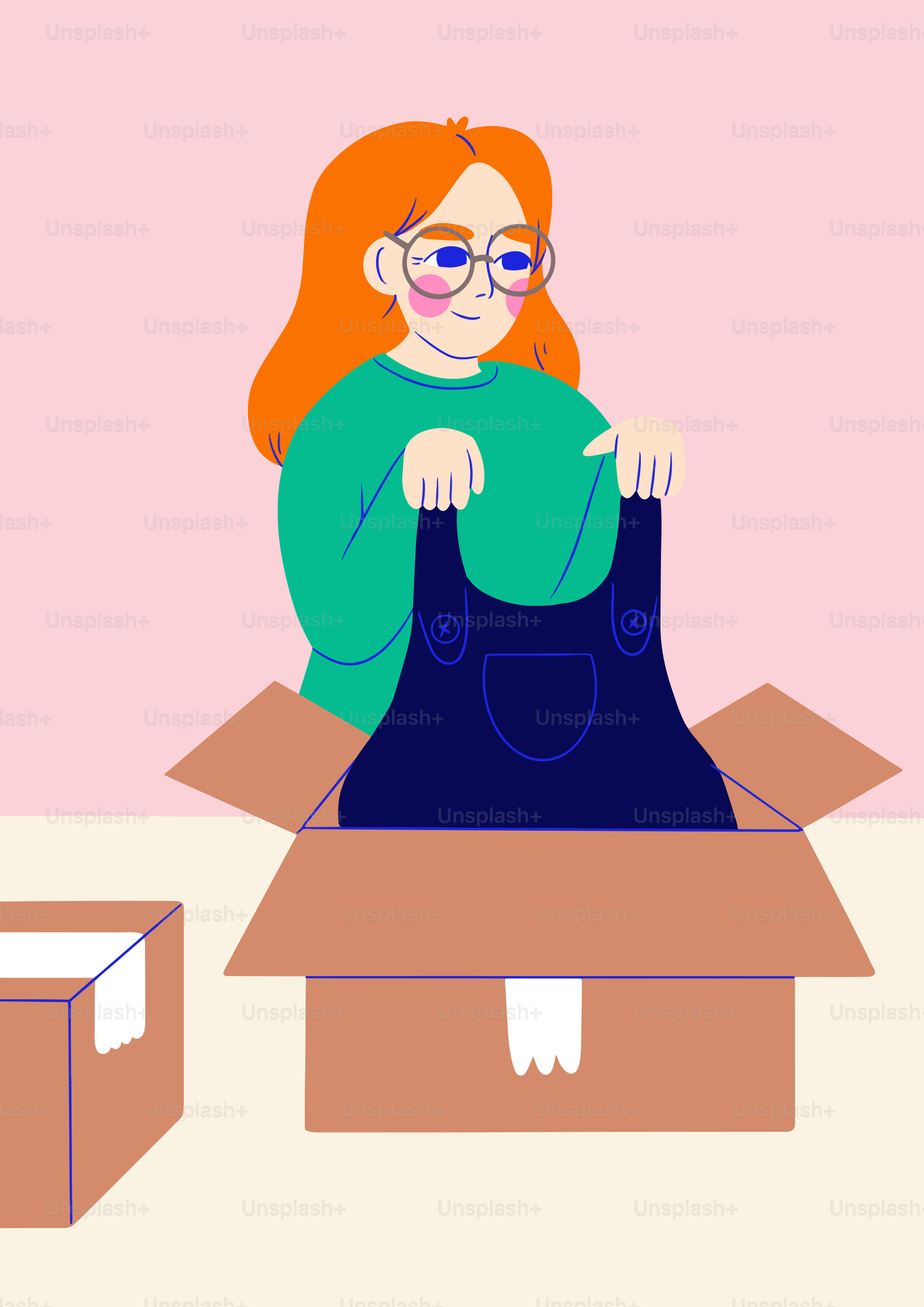 A woman is sitting in a box with a bag