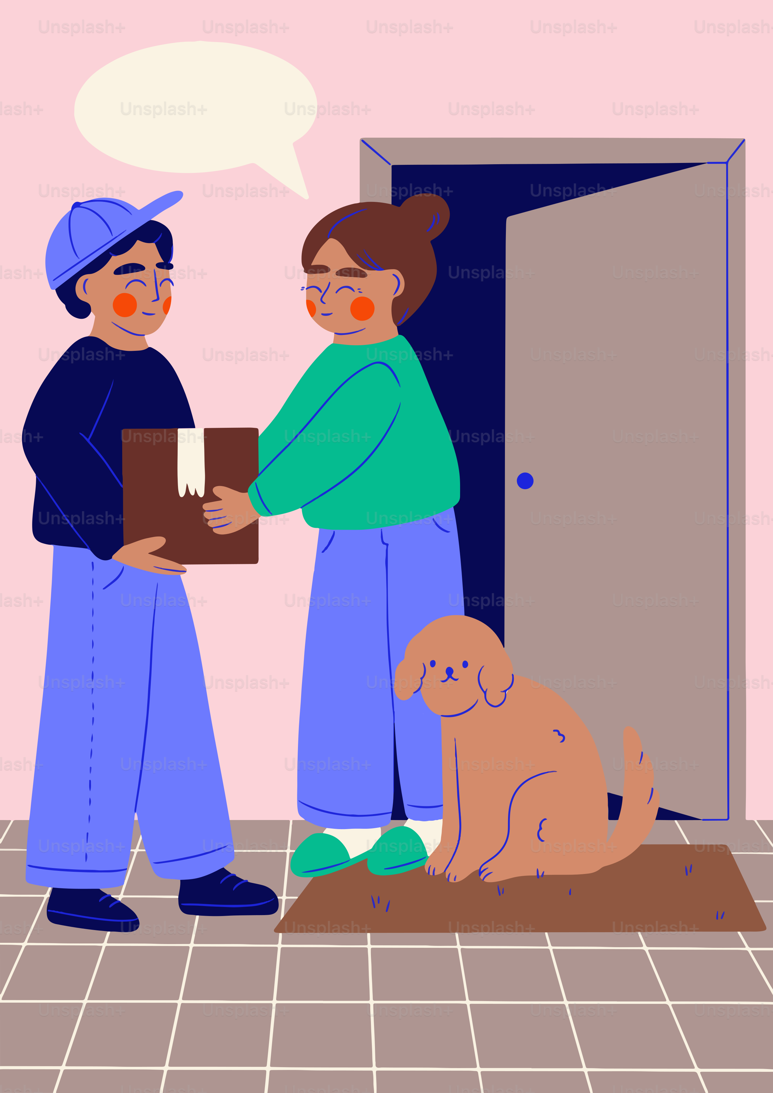 A couple of people standing next to a dog
