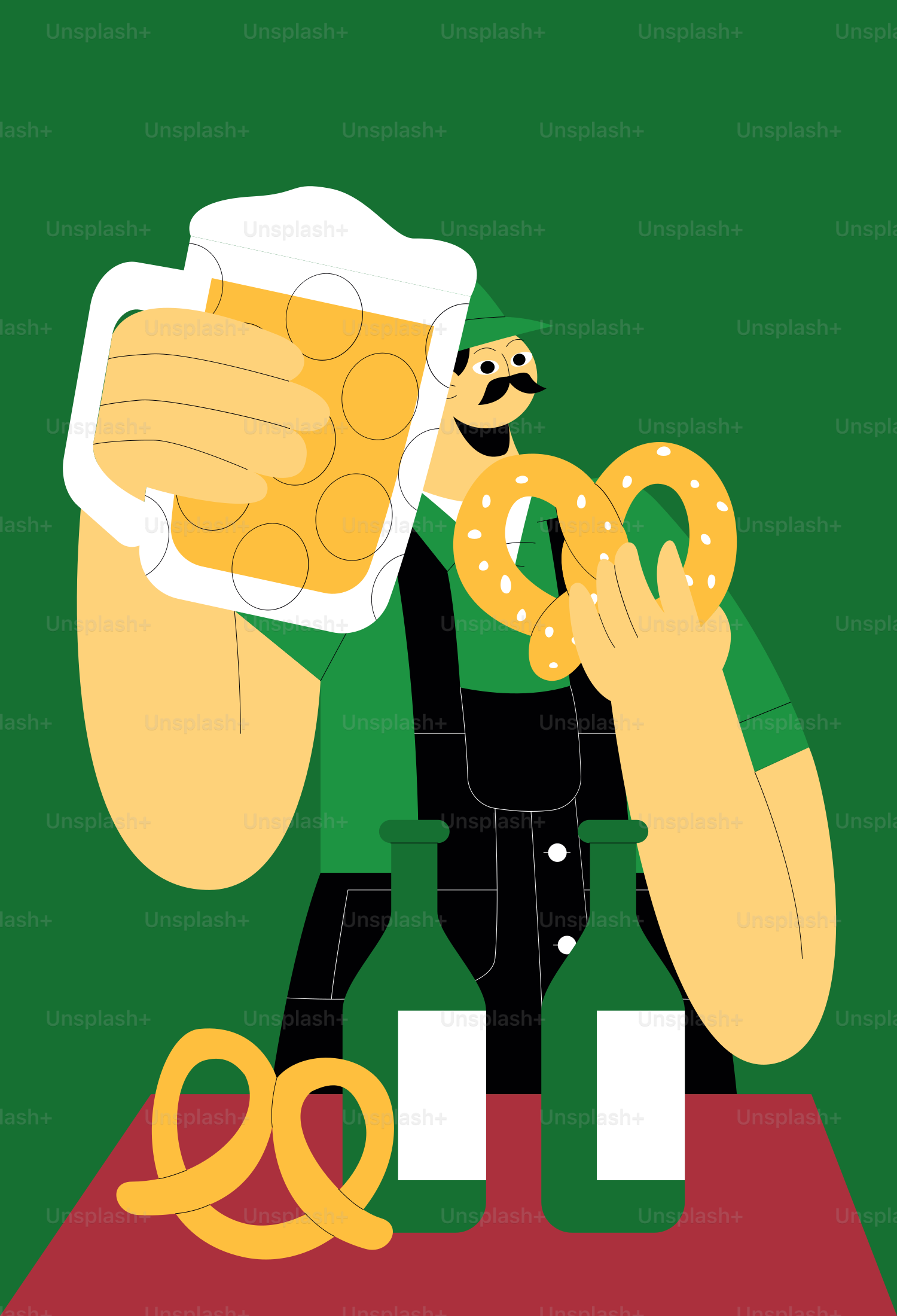 Un homme tenant une chope de bière et de bretzels