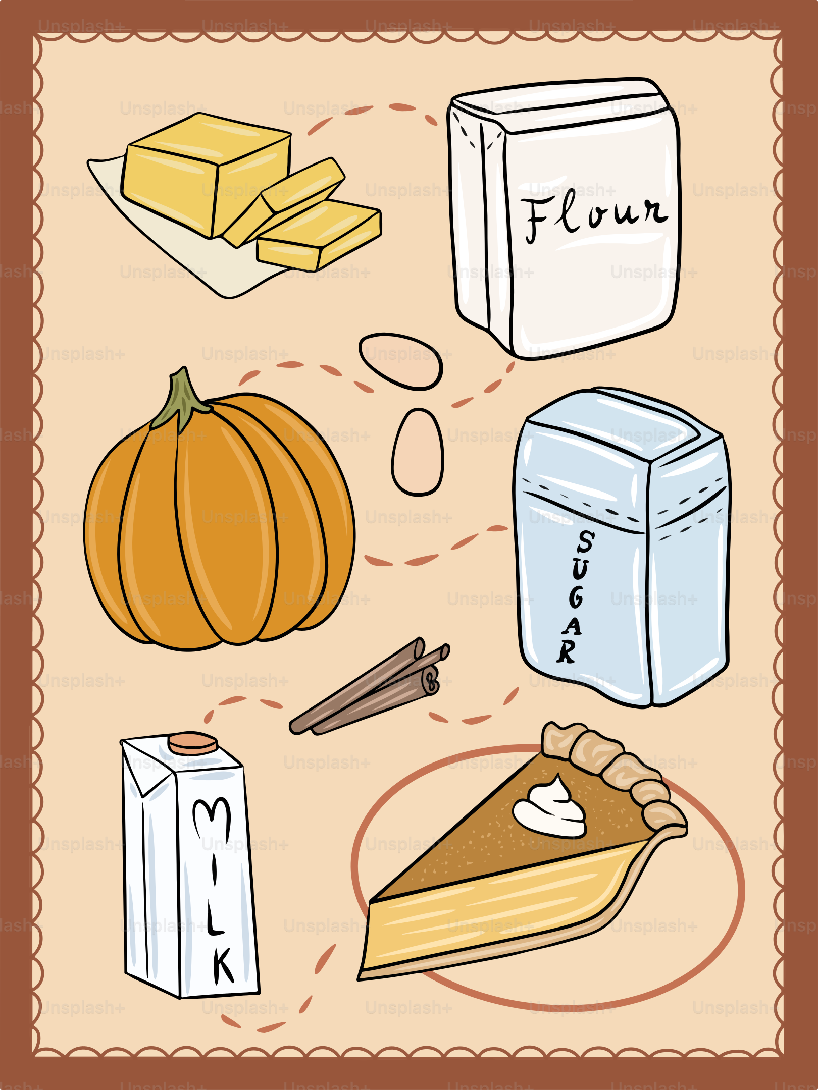 A card with a variety of food items on it