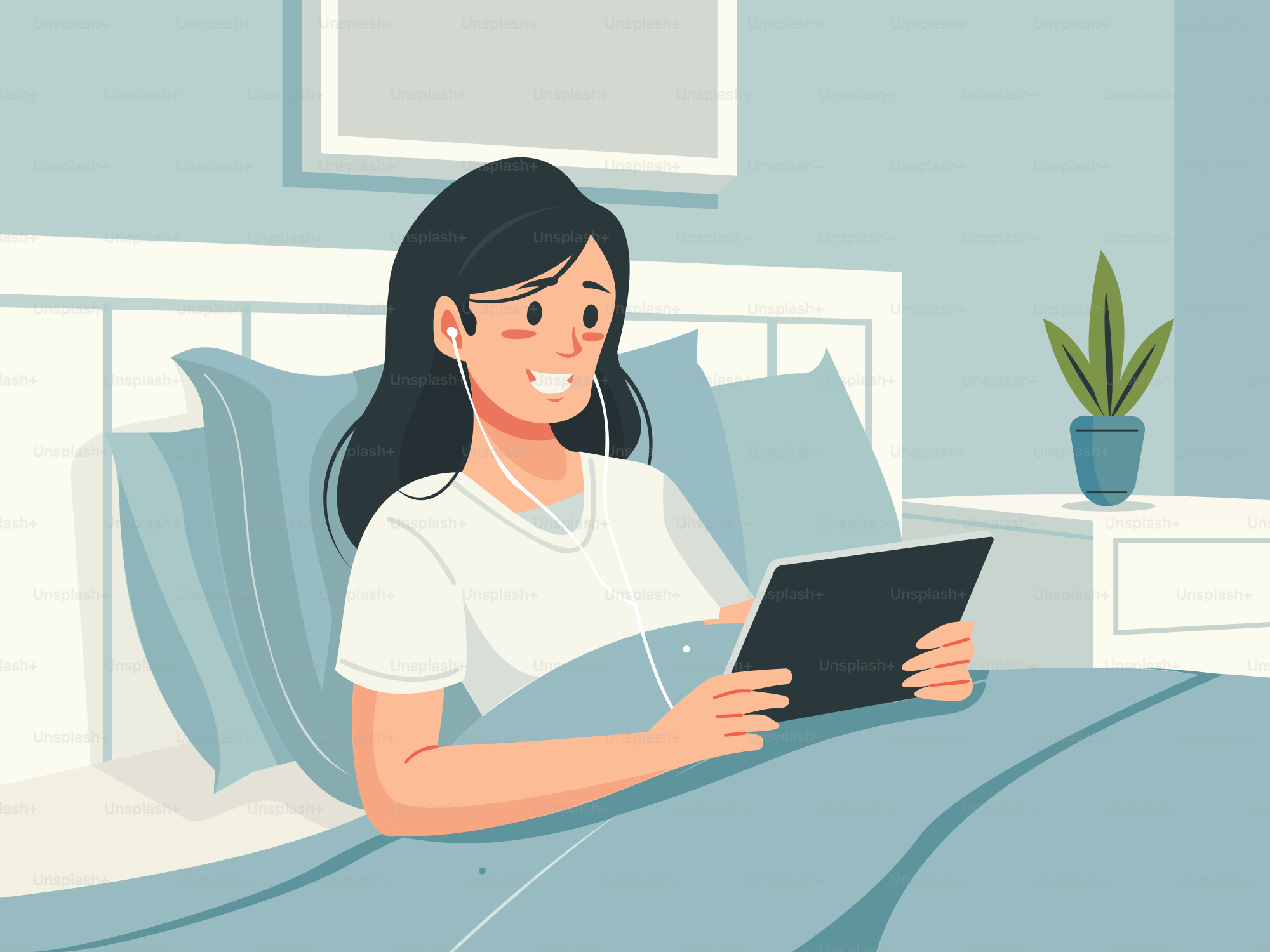 A woman sitting on a bed looking at a tablet