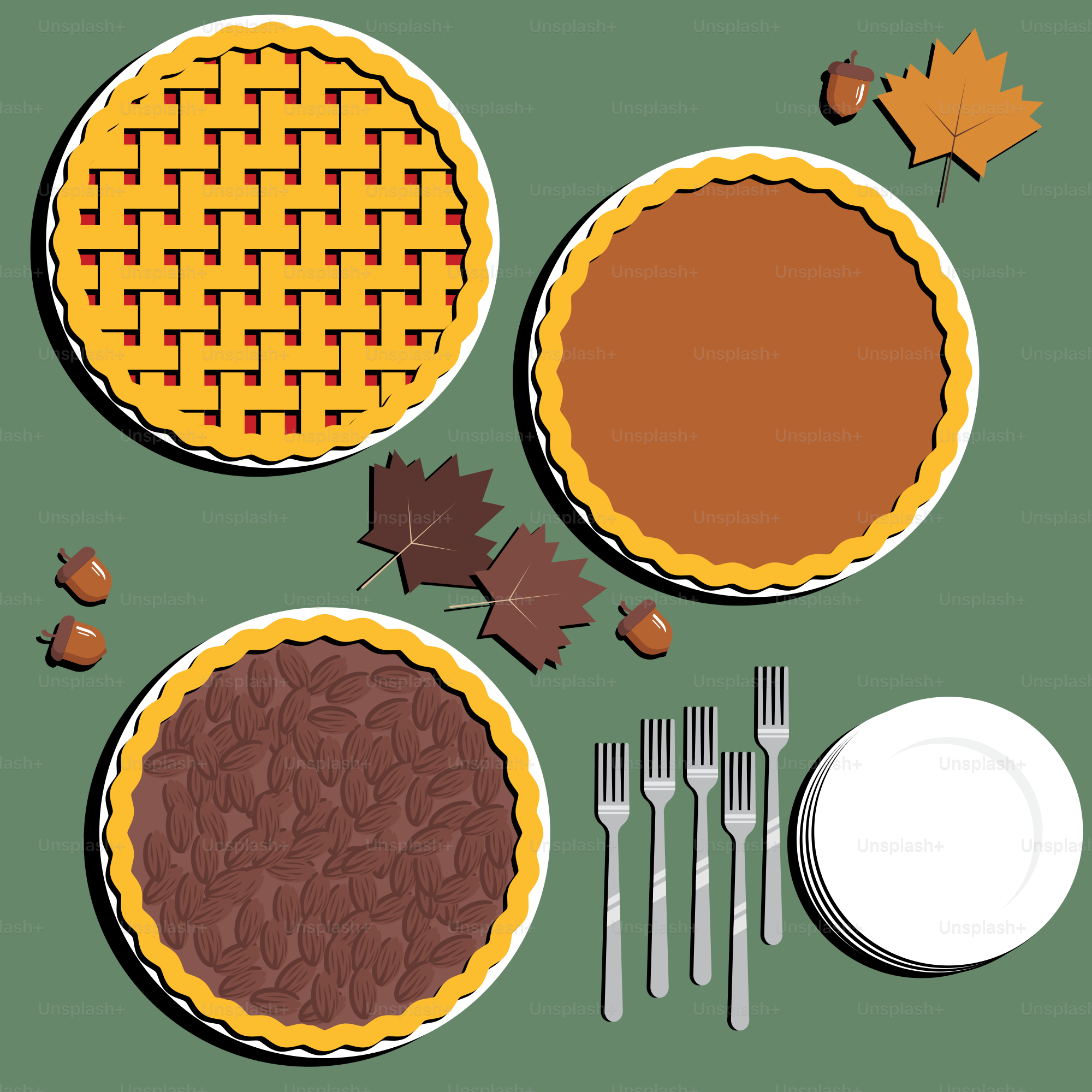 A table topped with pies, pie plates and forks