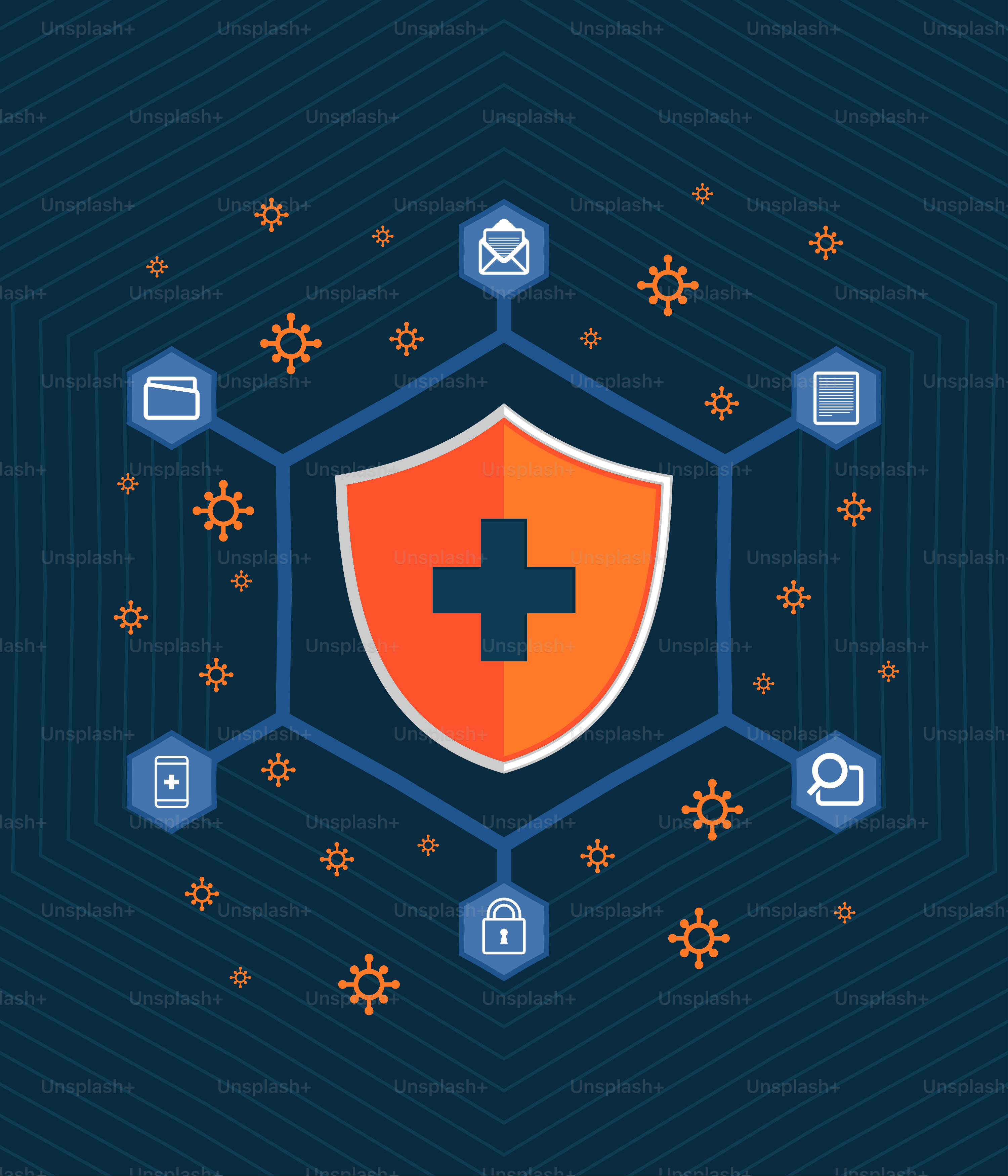 A shield with a cross on it surrounded by icons