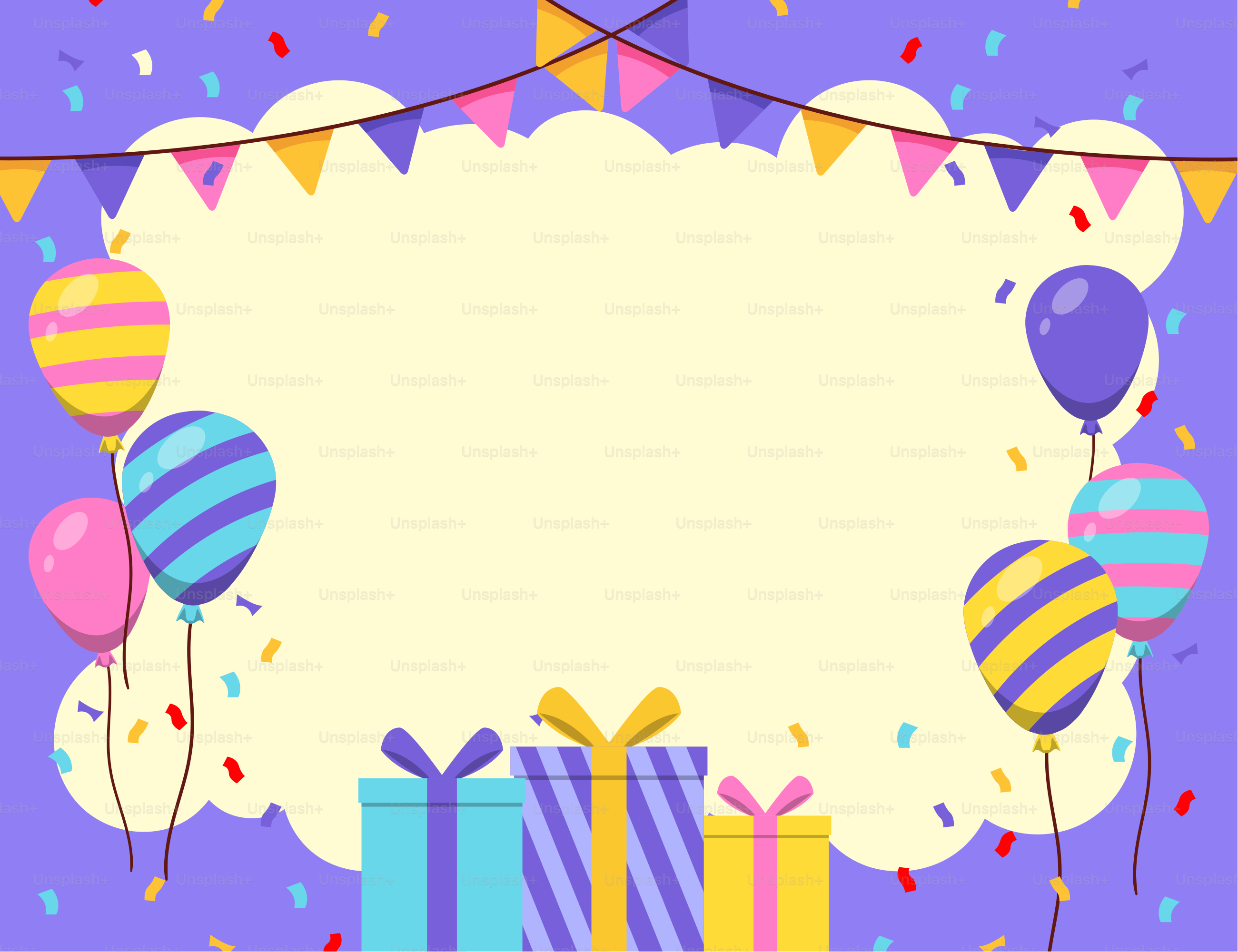 Une carte d’anniversaire avec des ballons, des cadeaux et des confettis