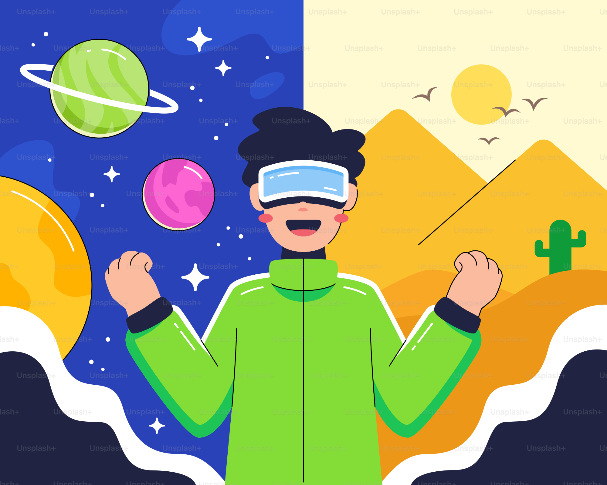 A man wearing a blindfold standing in front of a mountain