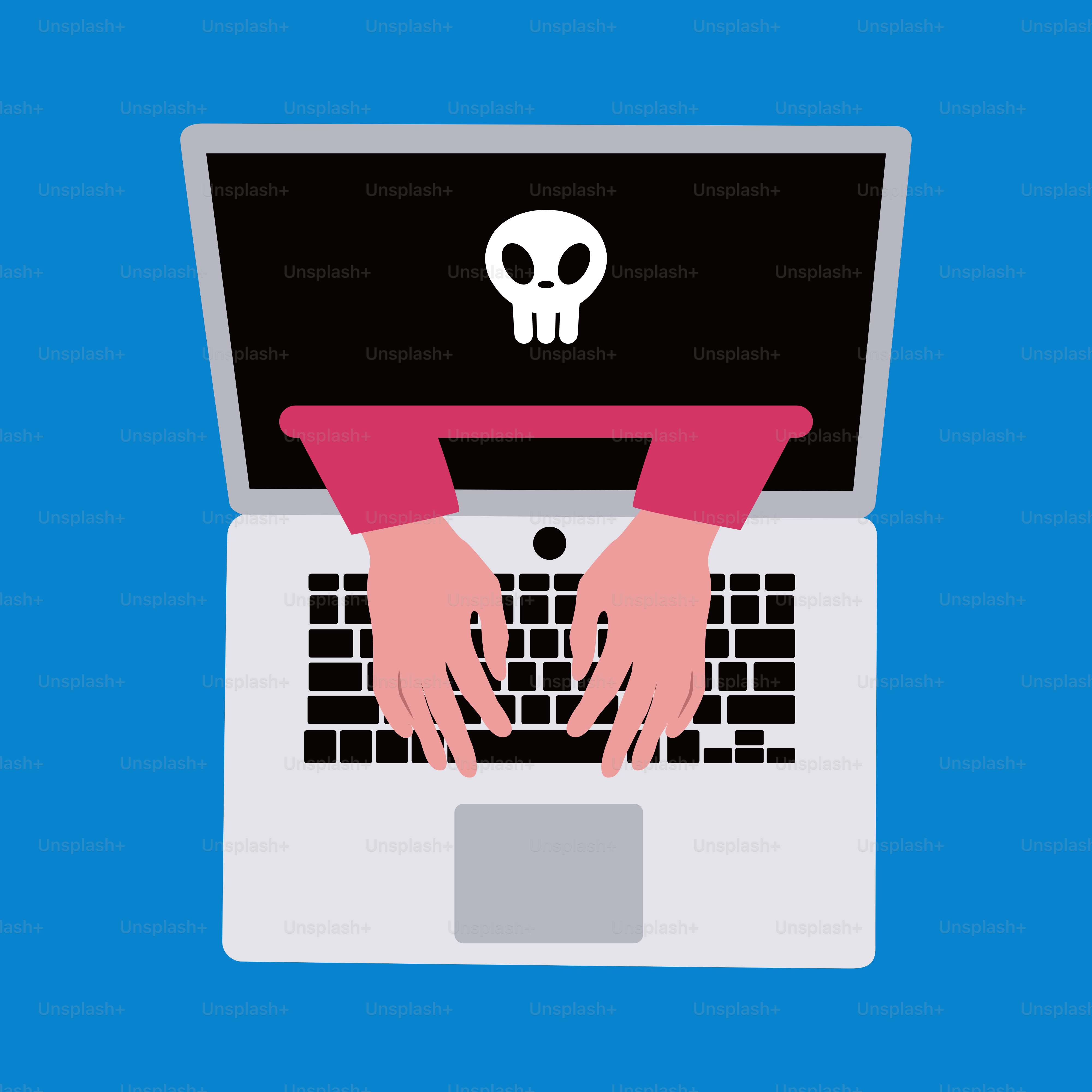 A person typing on a laptop with a skull on the screen