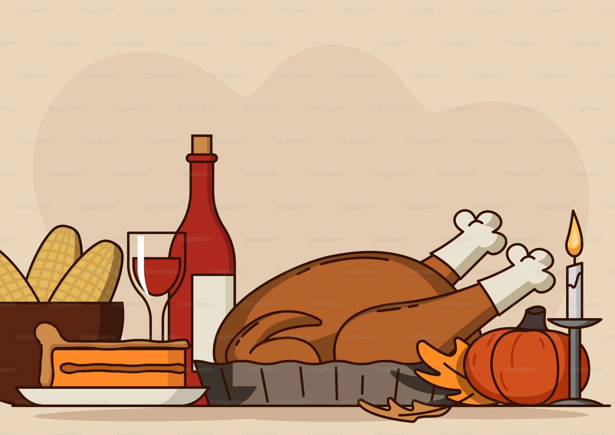 A turkey sitting on top of a table next to a bottle of wine