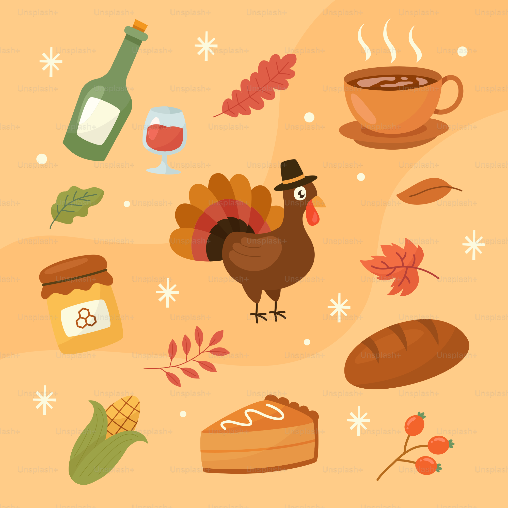 A thanksgiving card with a turkey, a cup of coffee, a bottle of wine