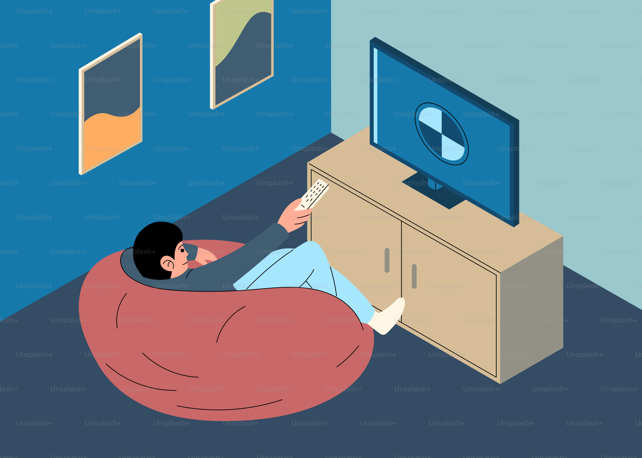 A man sitting on a bean bag chair watching TV