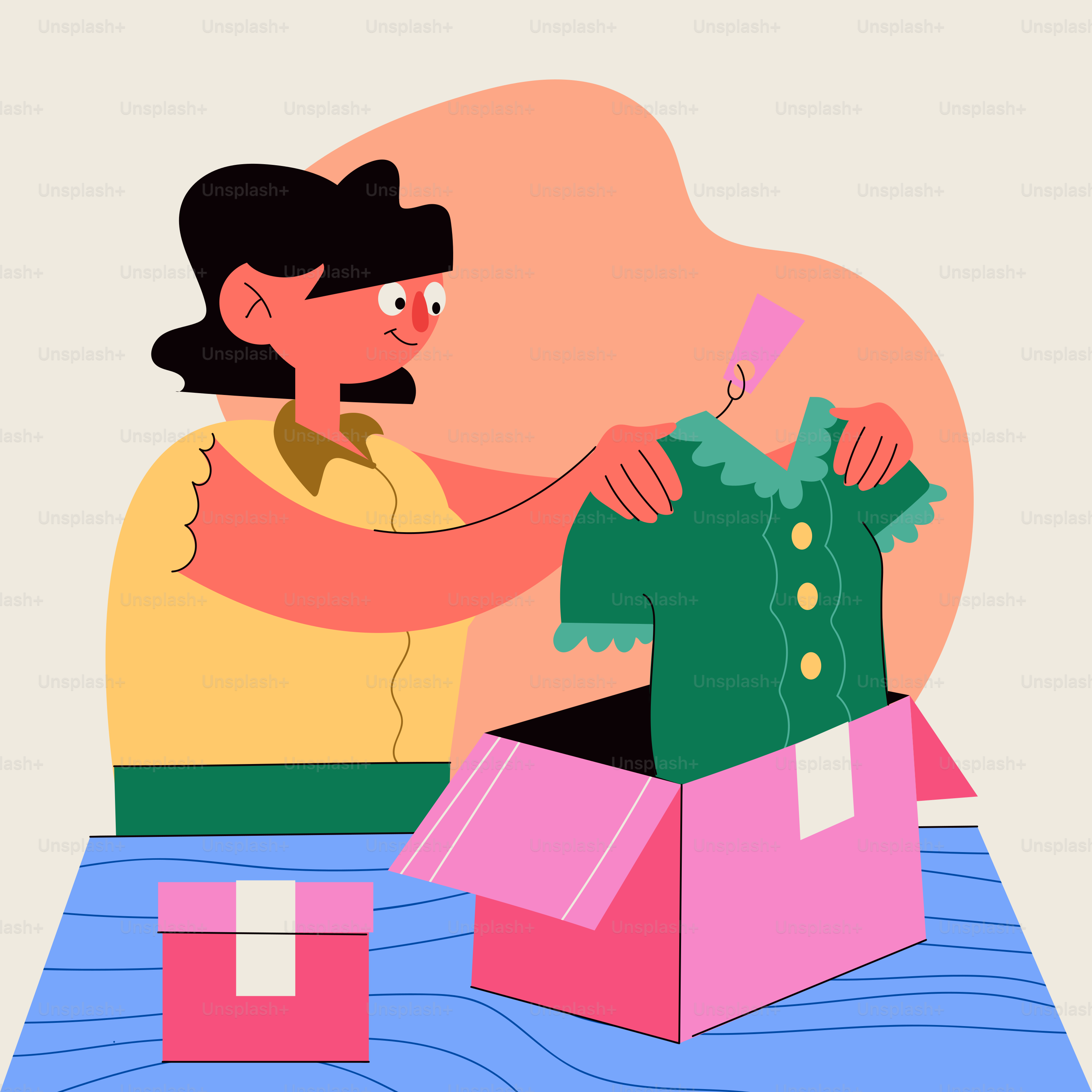 A woman in a yellow shirt is sewing a green shirt