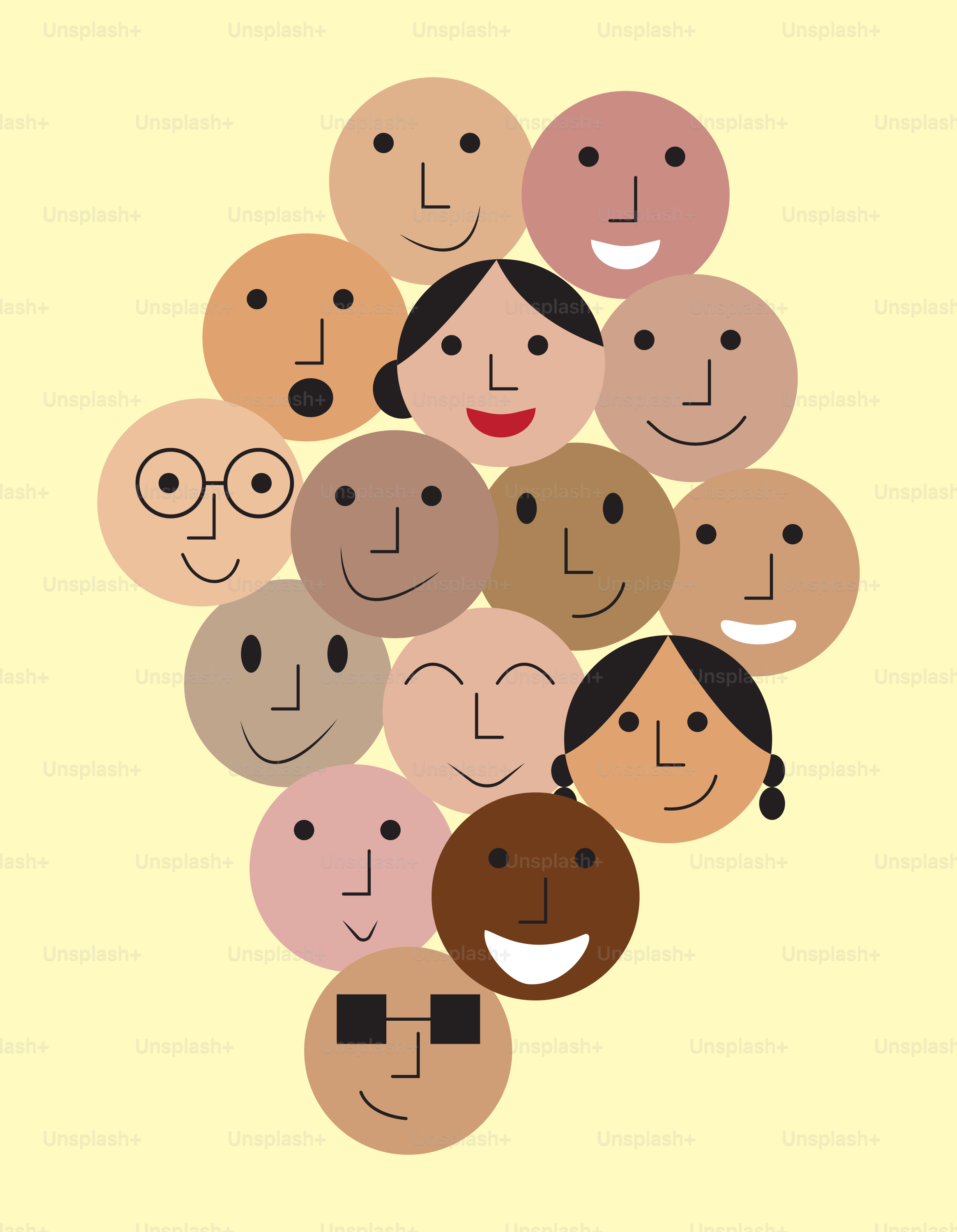 A group of people with different faces on a yellow background