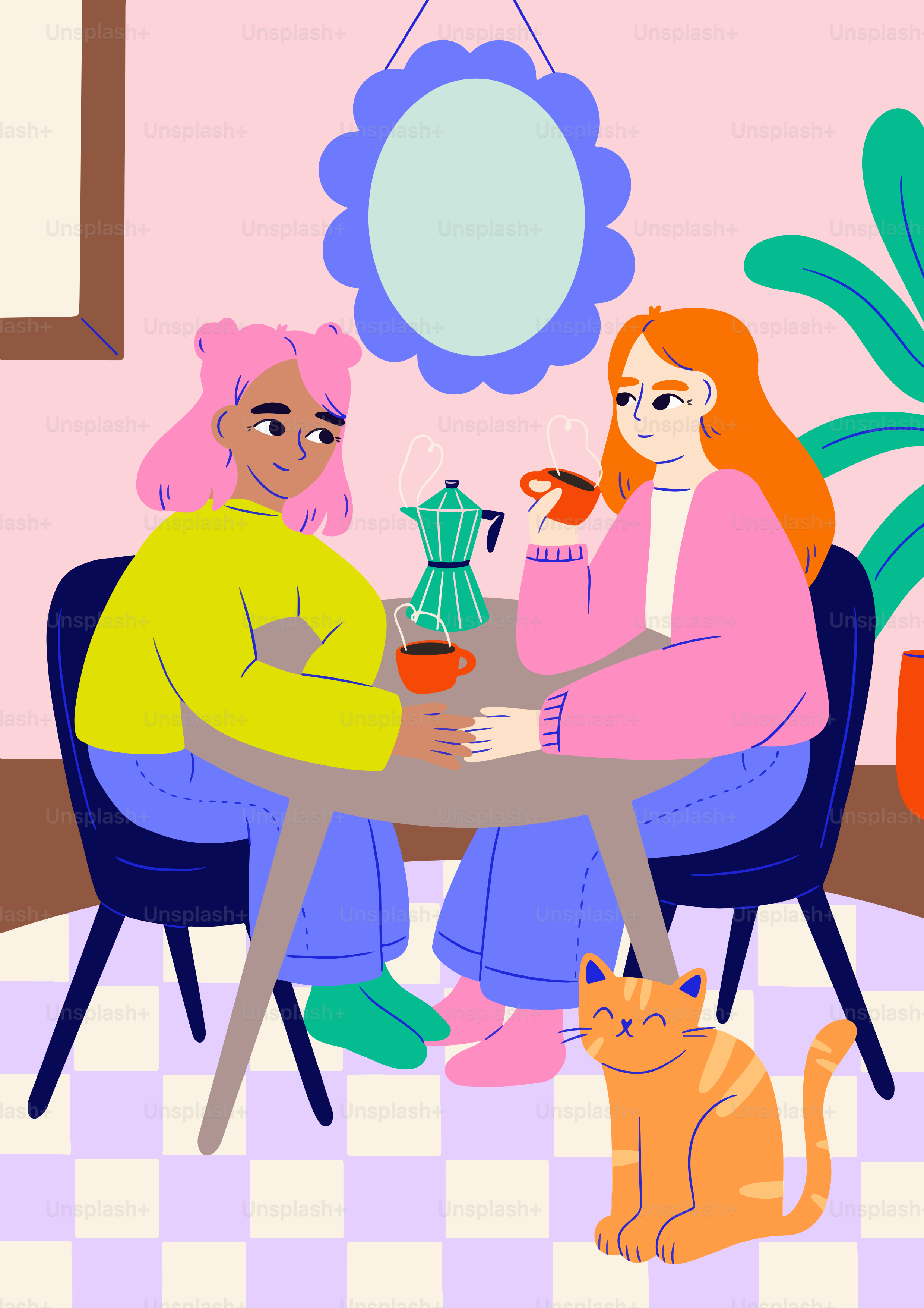 Um casal de pessoas sentadas em uma mesa com um gato