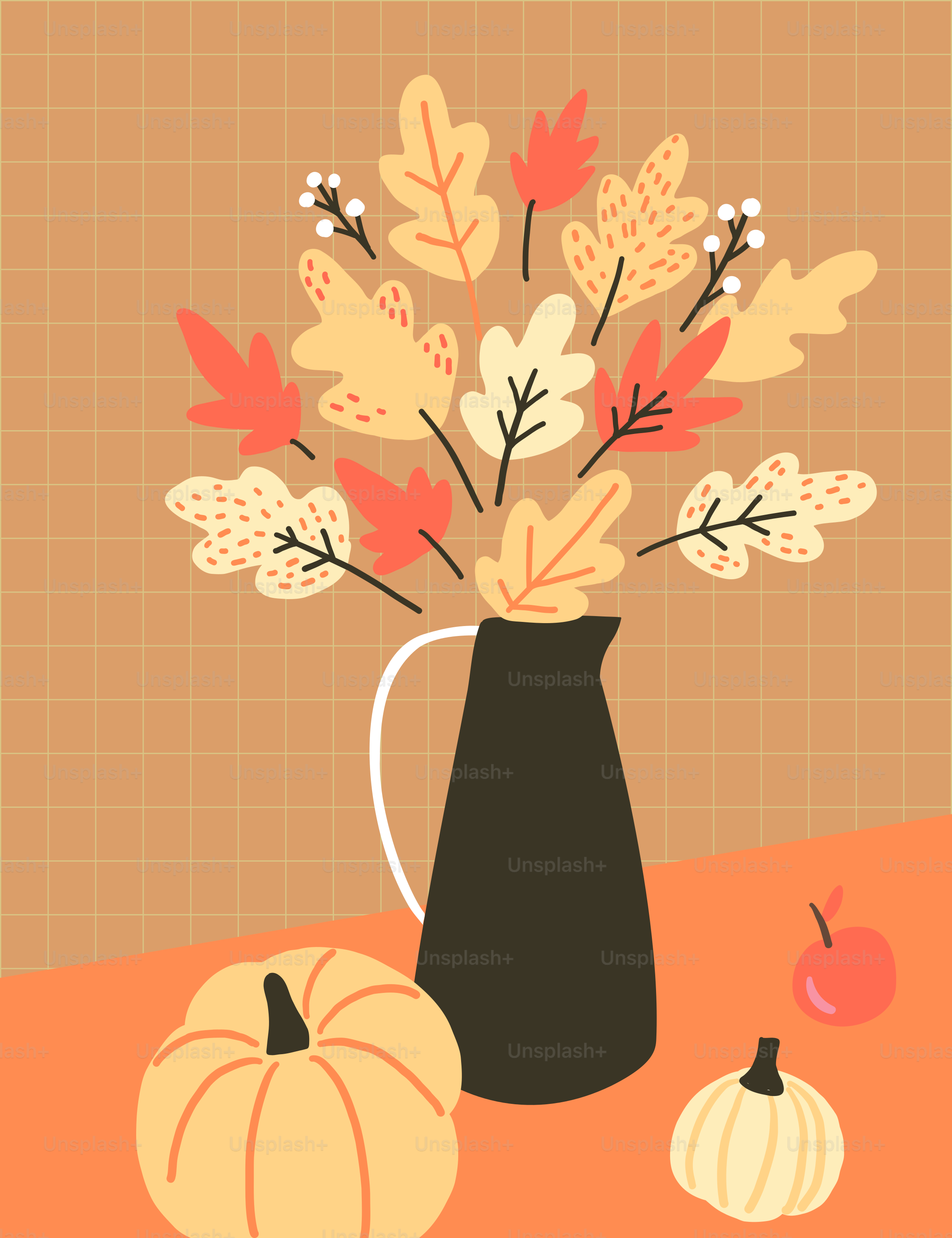 Un jarrón lleno de flores junto a un par de calabazas
