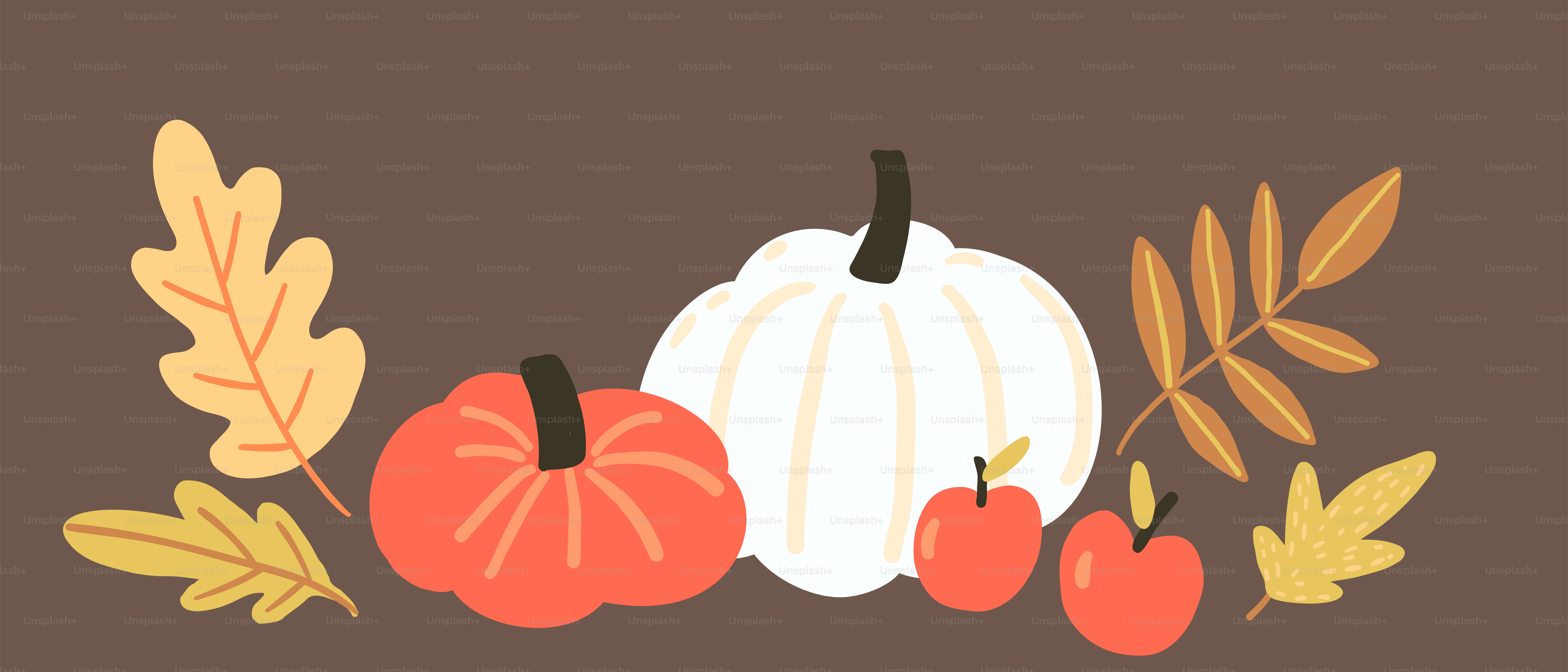 A thanksgiving card with pumpkins, leaves, and acorns