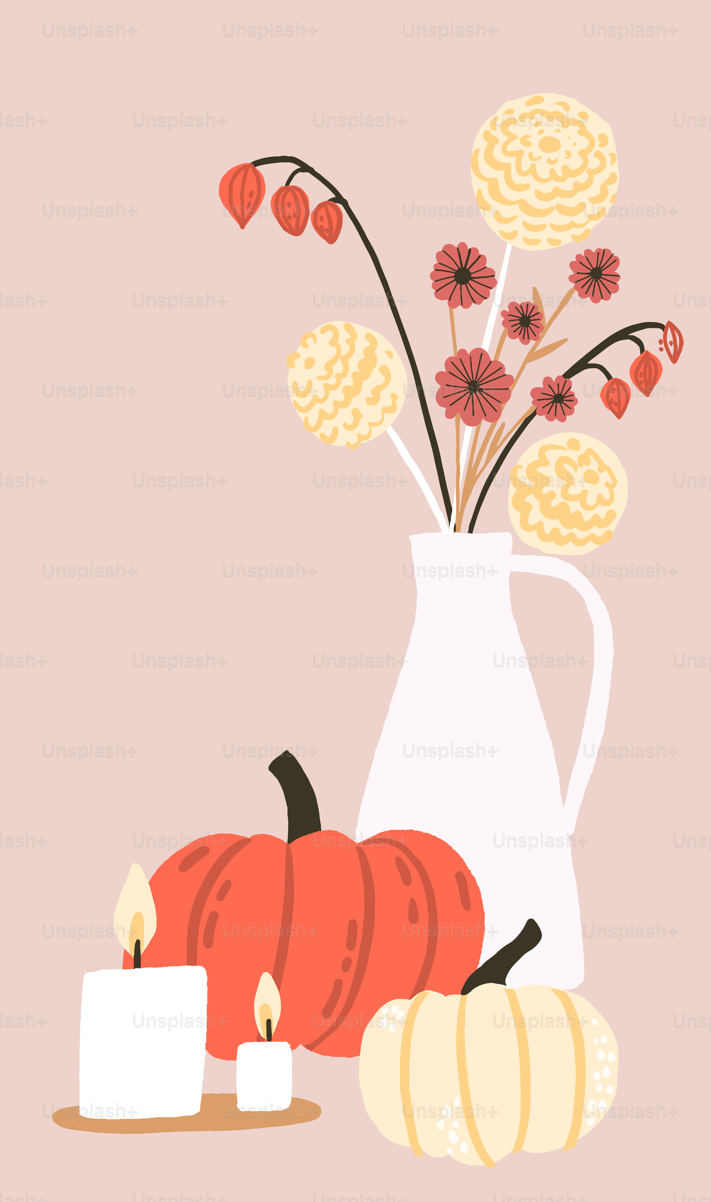 A vase of flowers and a candle on a table