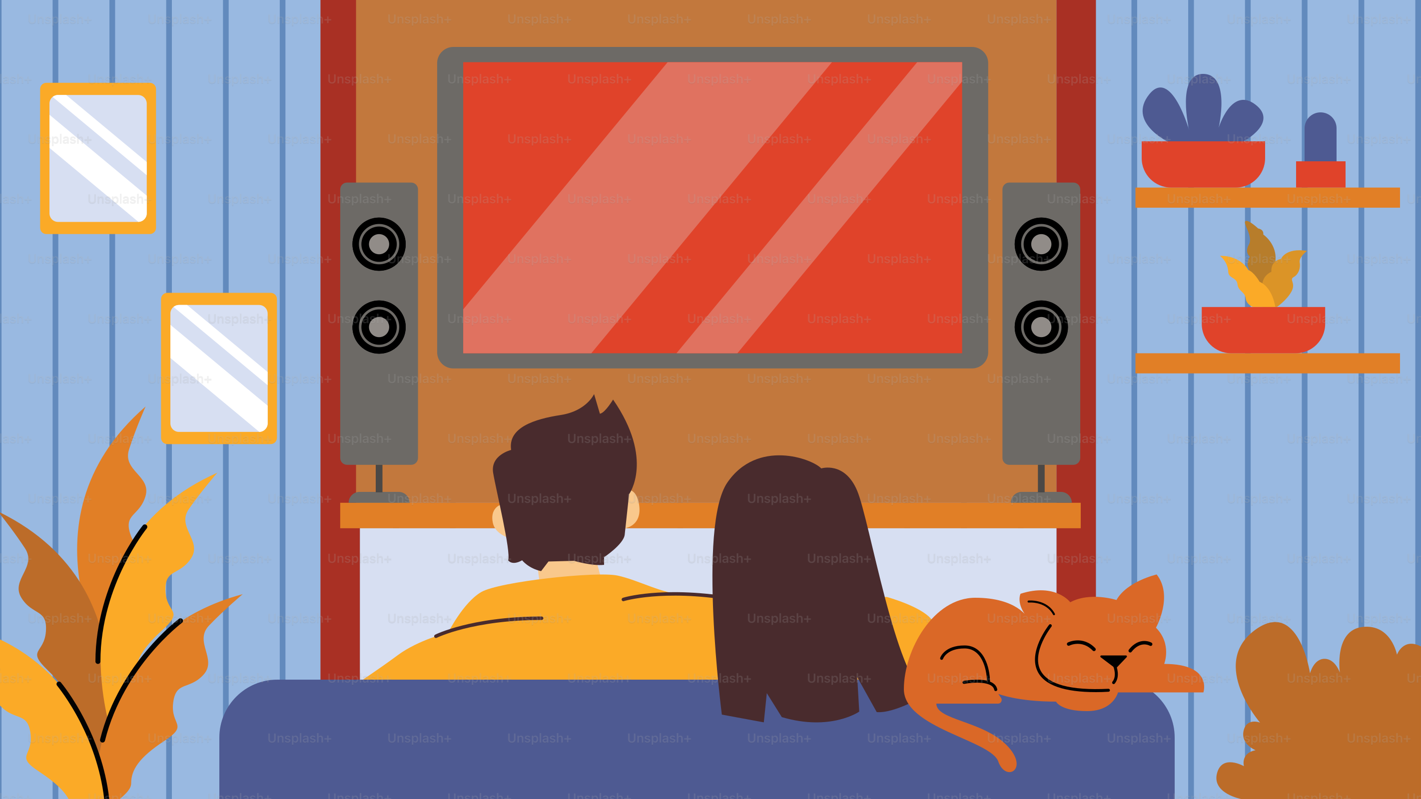 ソファに座ってテレビを見ているカップル