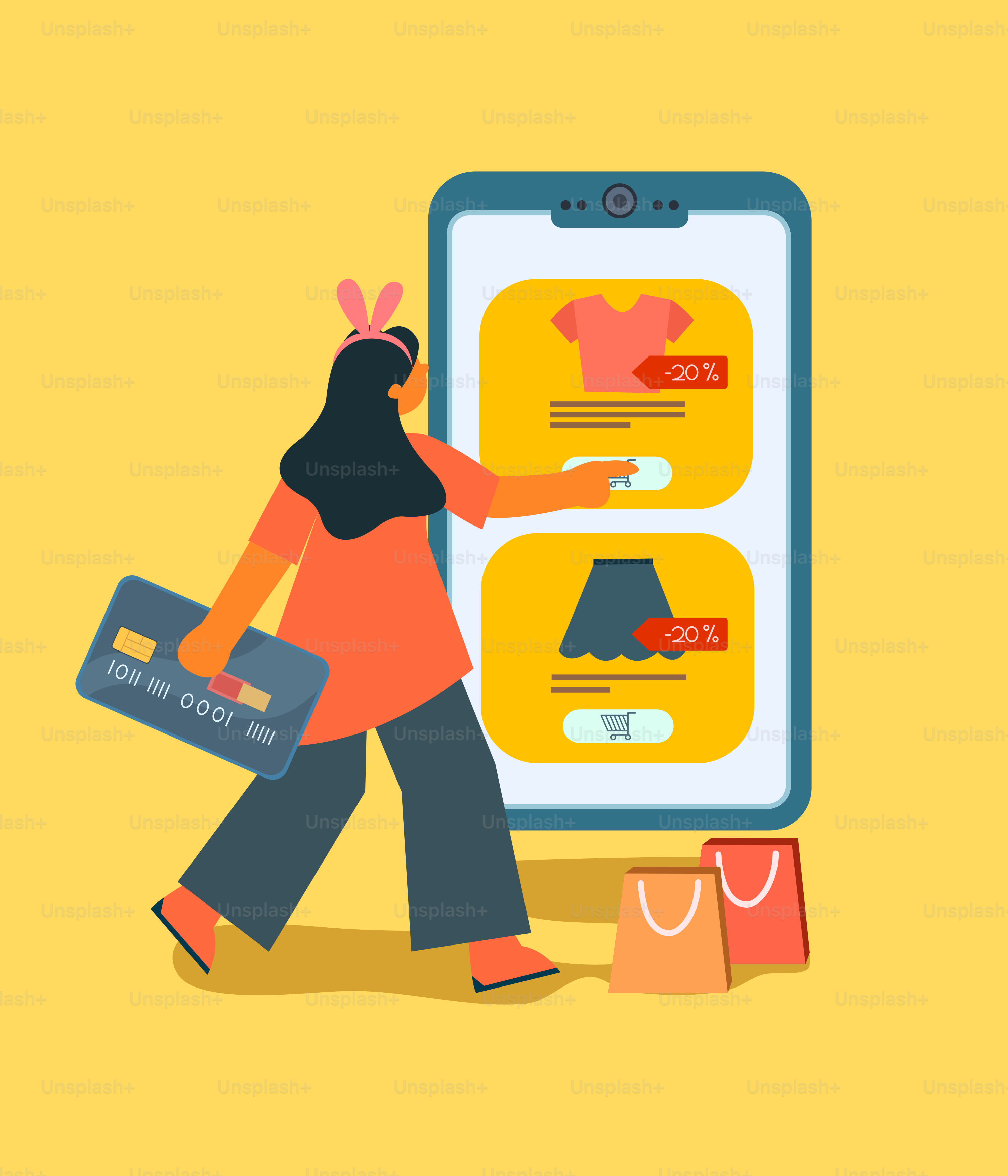 A woman pushing a shopping cart next to a phone