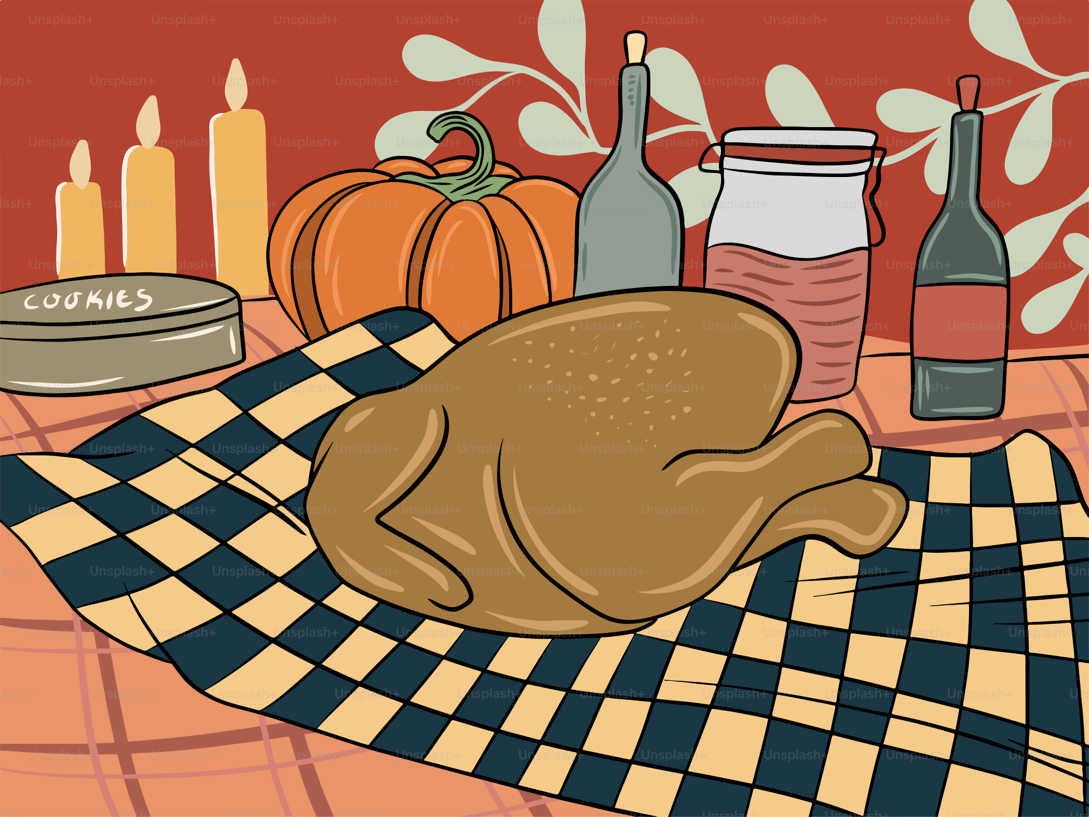 A turkey sitting on a checkered table cloth