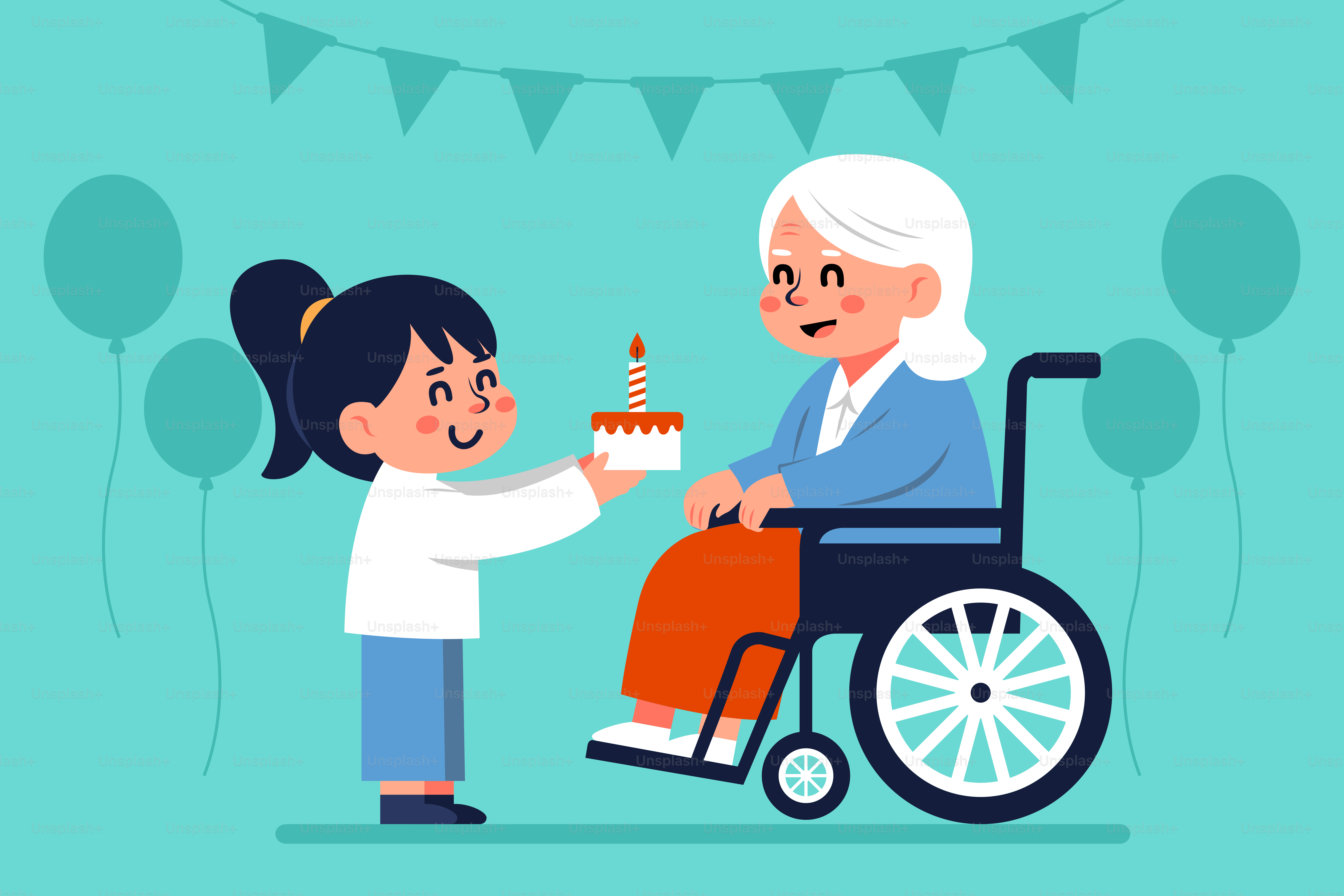 An elderly woman in a wheelchair is giving a cake to a young girl