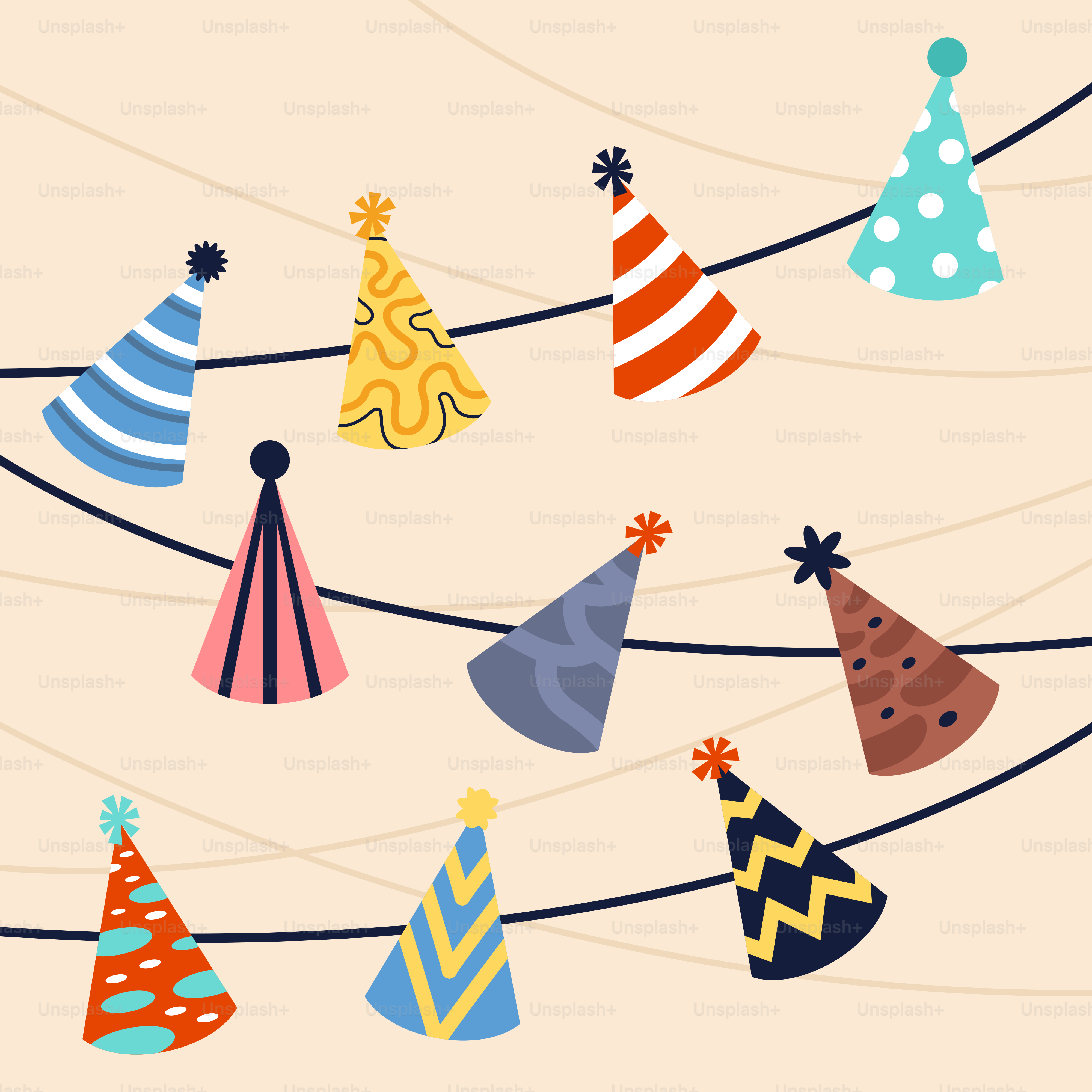 Un mucchio di cappelli da festa appesi a un filo
