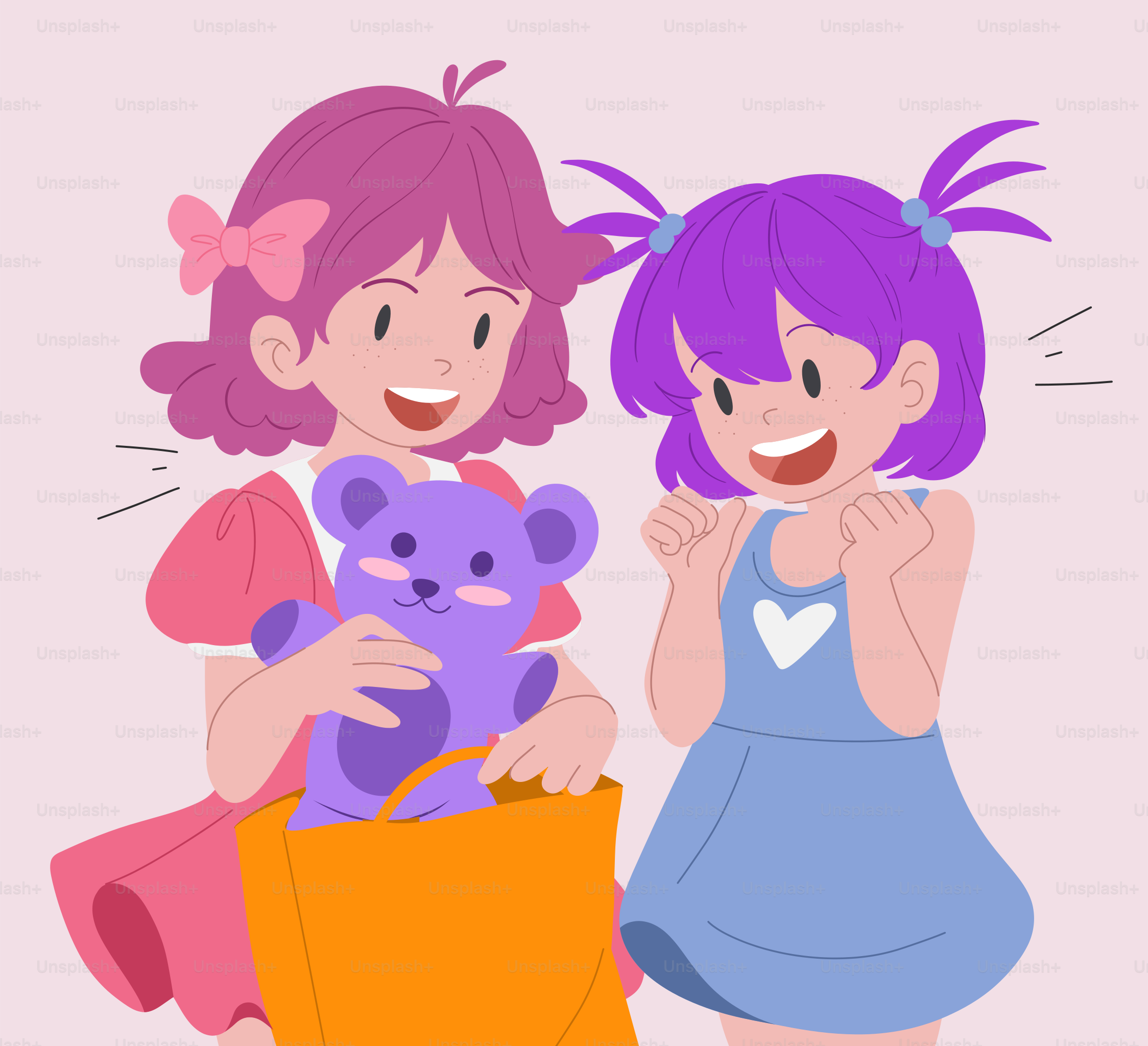 Two girls holding a teddy bear in a bag