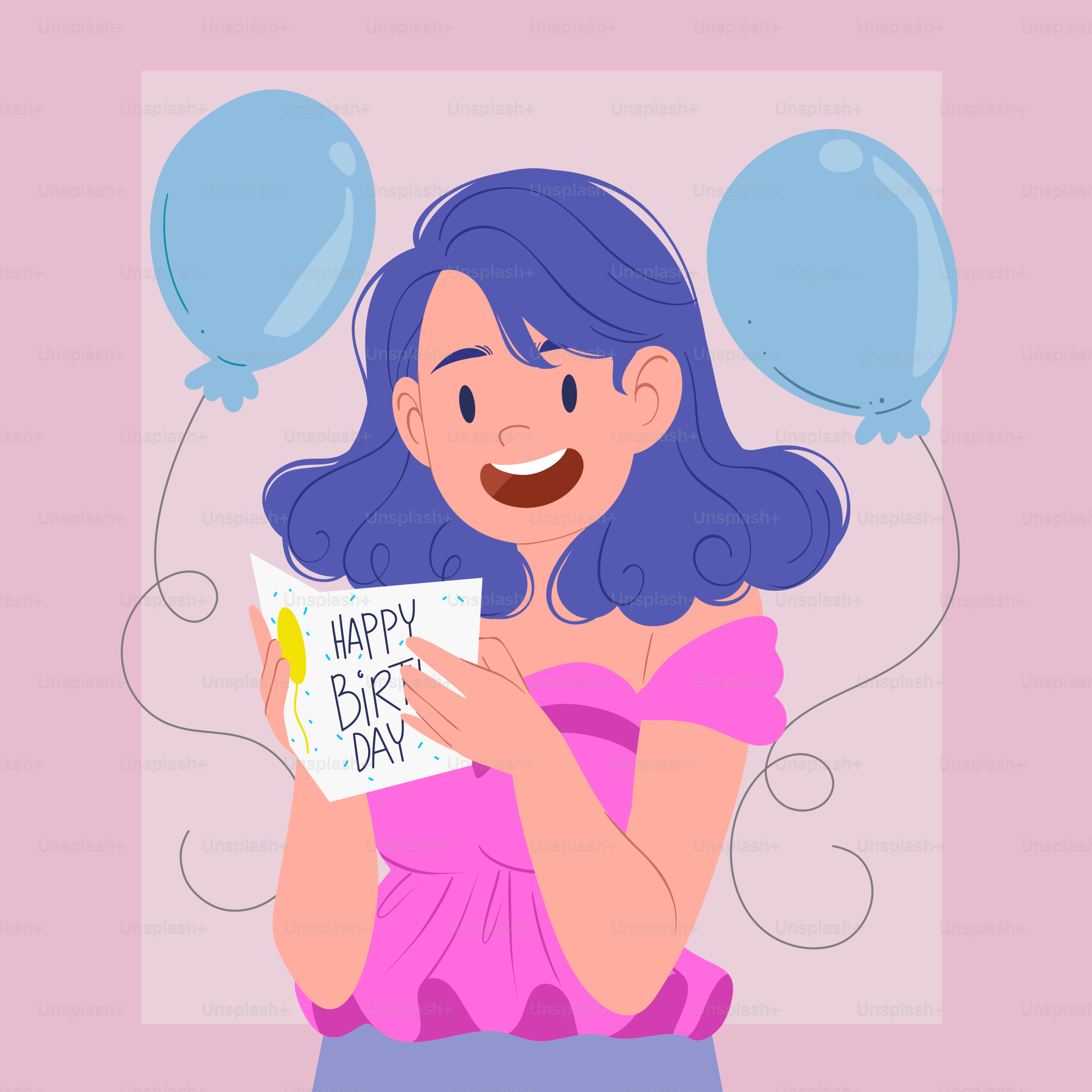 Una mujer sosteniendo una tarjeta de cumpleaños con globos alrededor