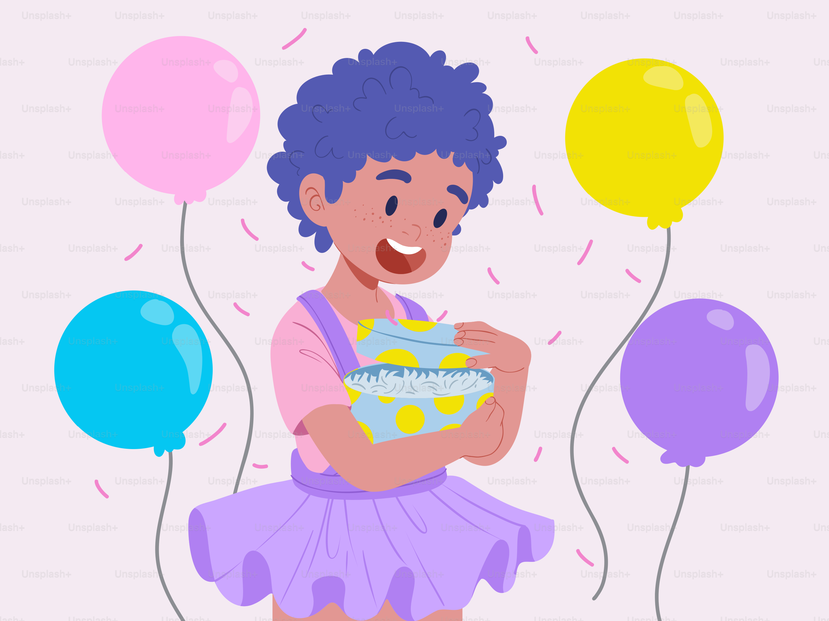 Una chica sosteniendo una cesta de tarta de cumpleaños rodeada de globos
