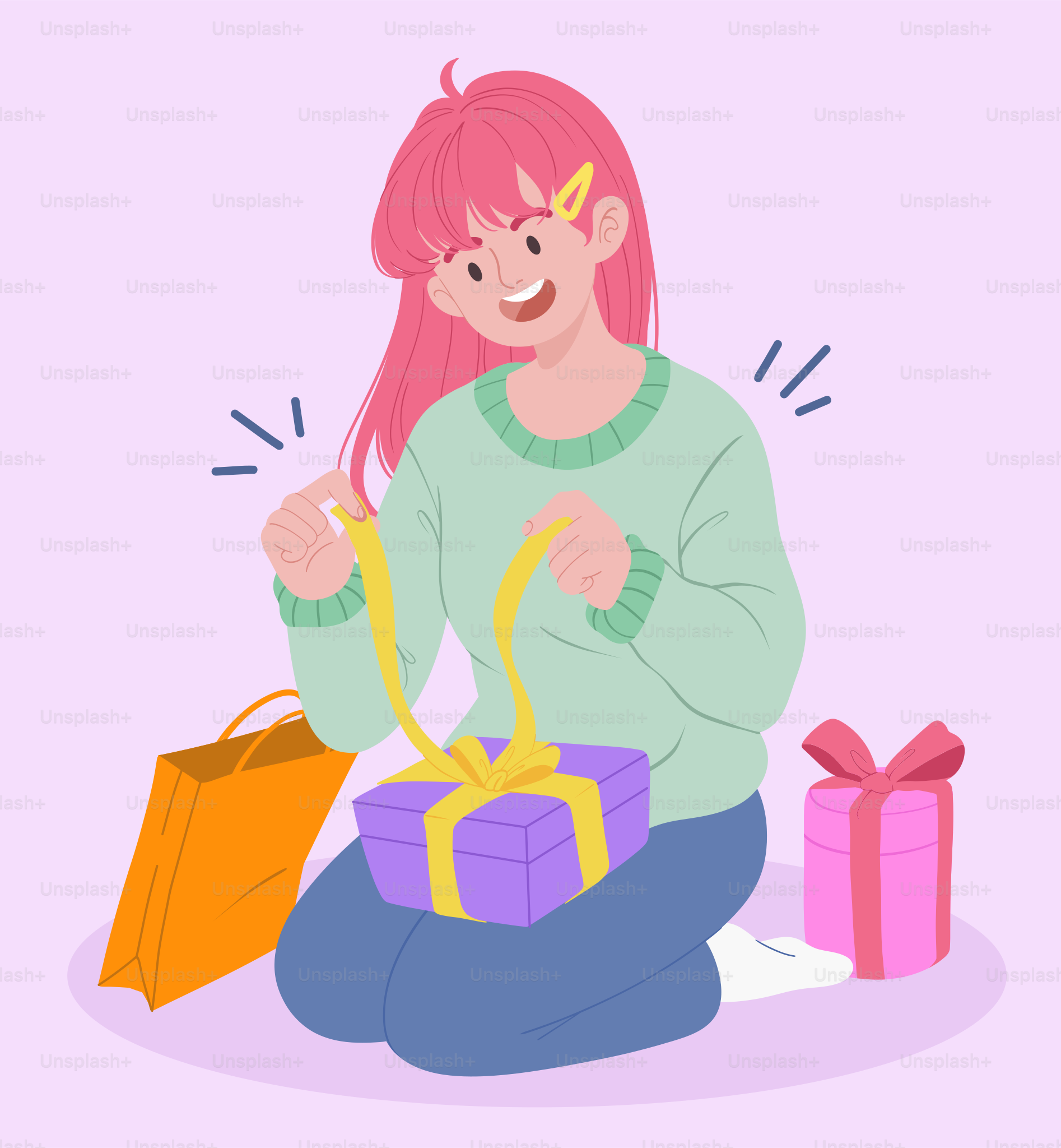 A woman sitting on the floor with a bag and a gift