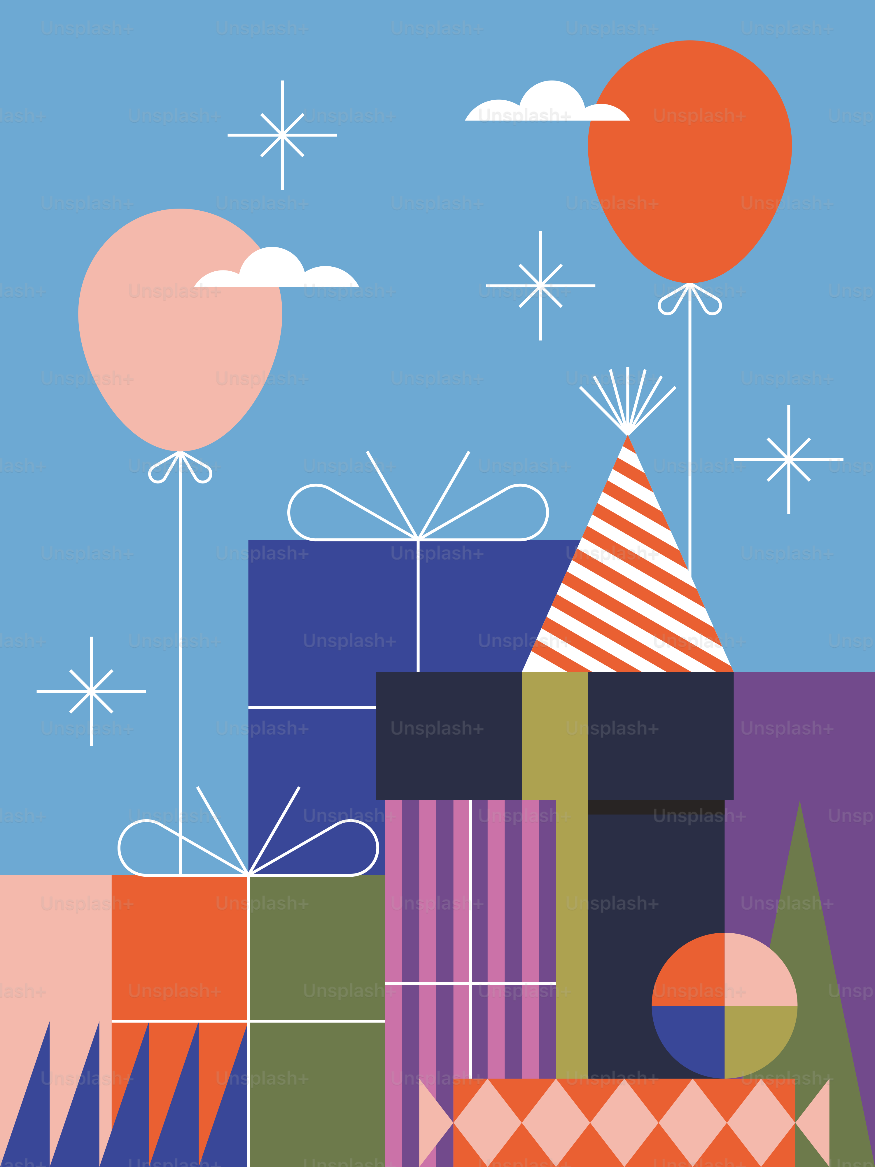 Eine Geburtstagskarte mit Geschenken und Luftballons