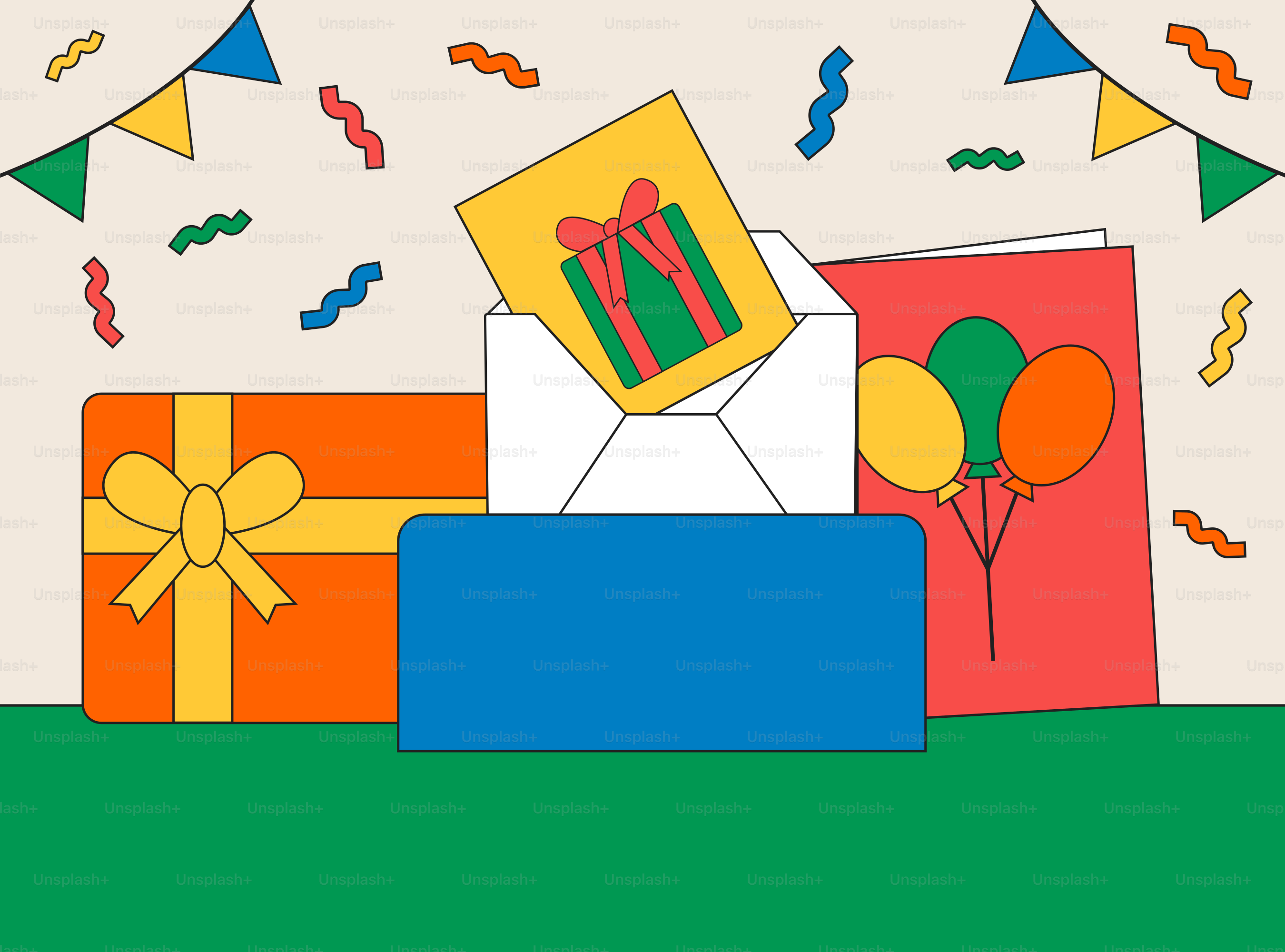 A birthday card with presents and confetti