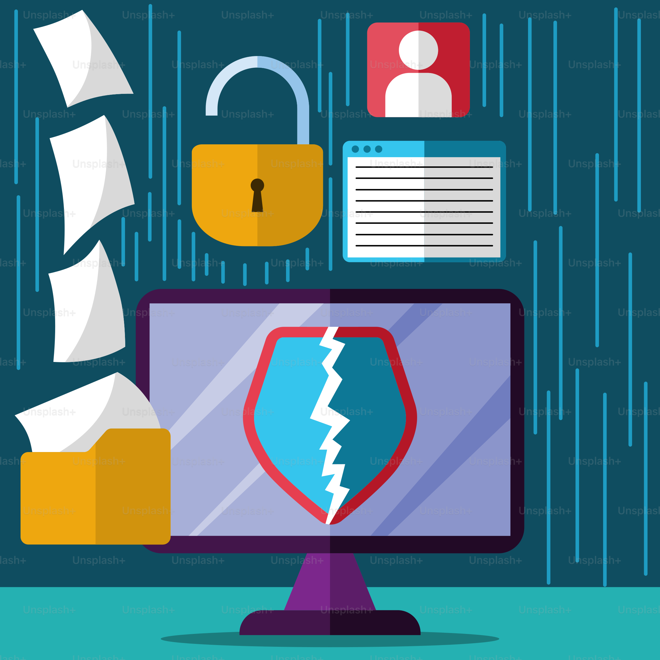 A computer with a broken screen and a lock on it vector – Technology ...