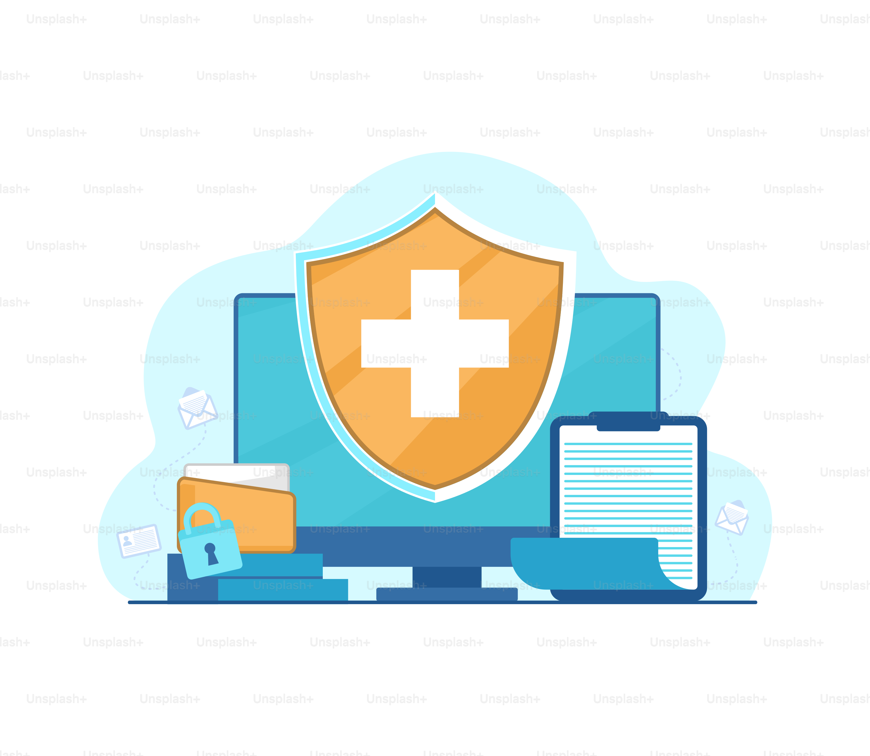 A laptop with a shield on top of it