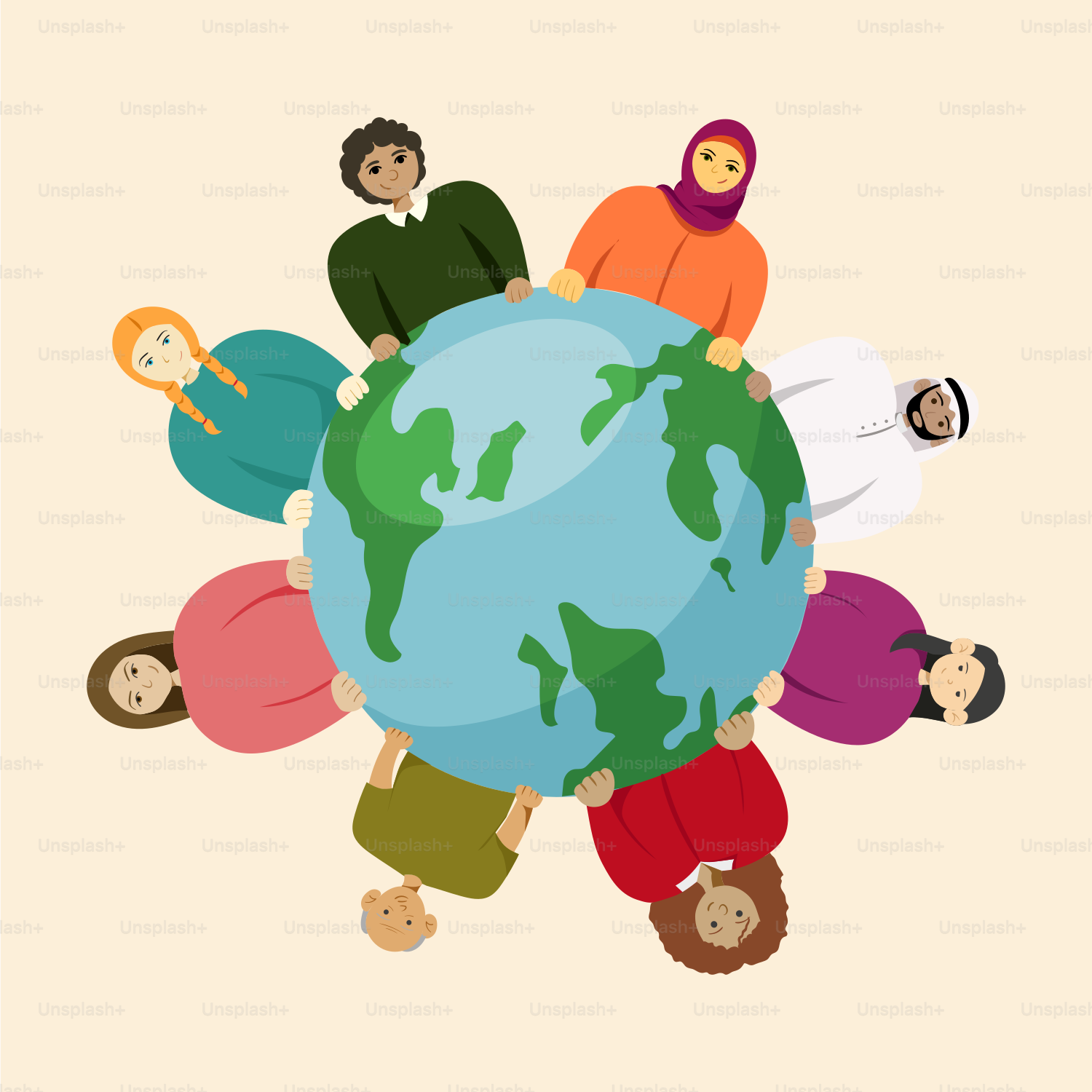 A group of people standing around a globe