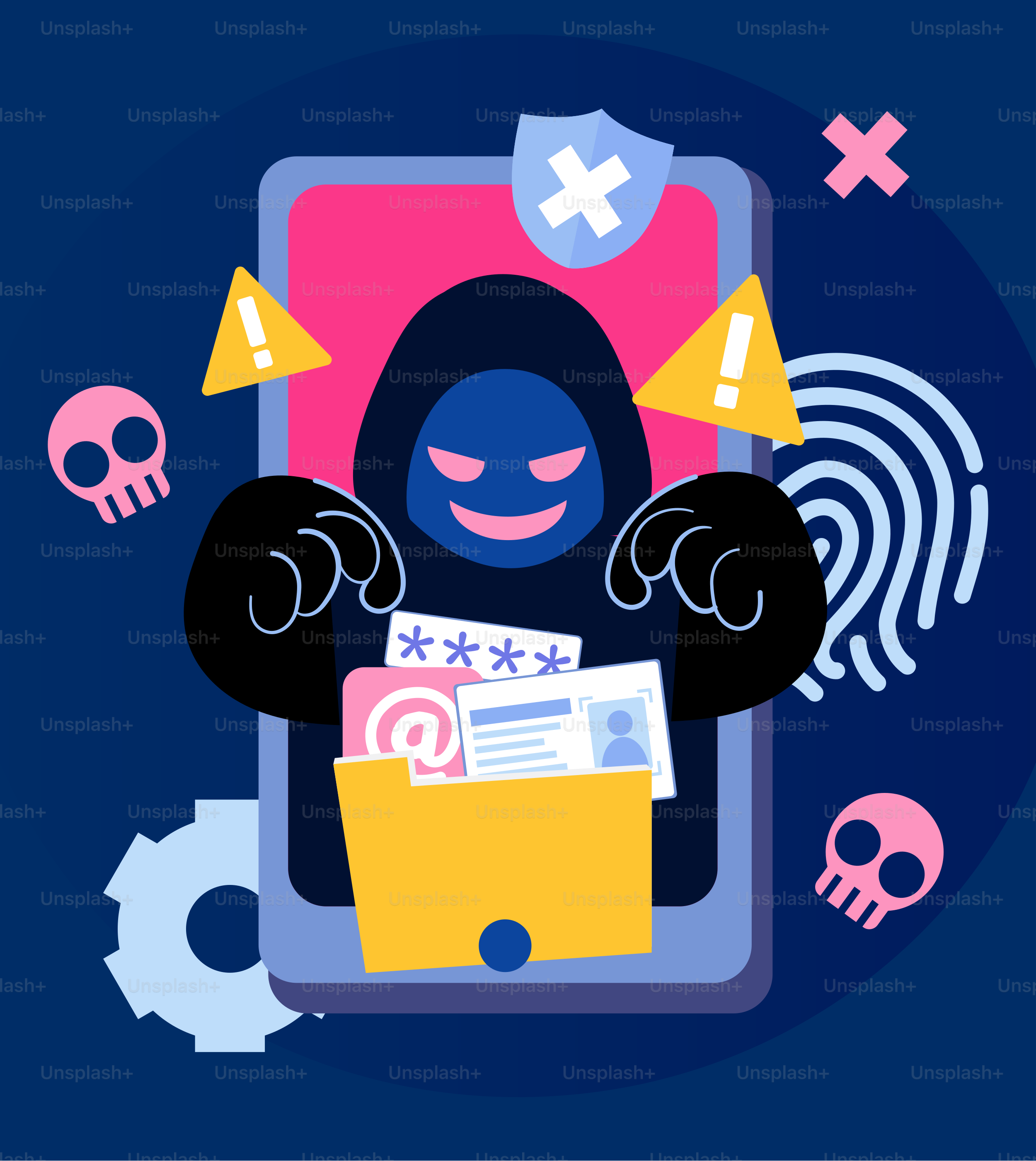 A person holding a tablet with a skull on it