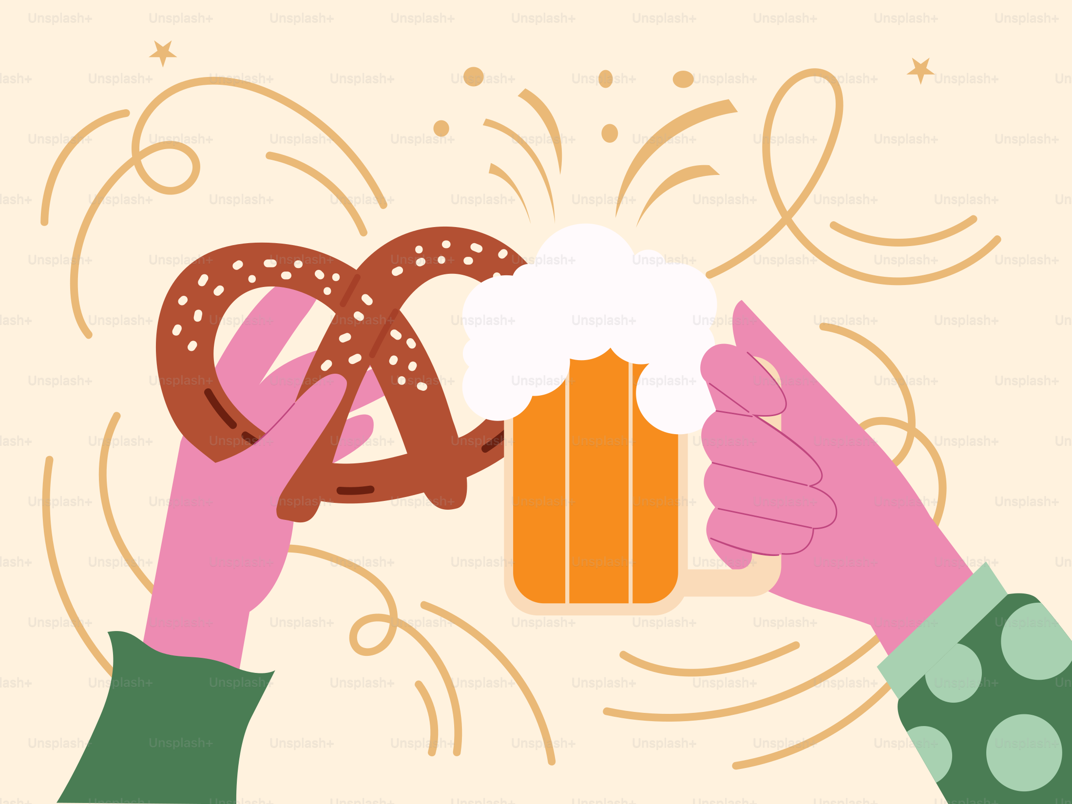 Deux mains tenant une chope de bière et des bretzels