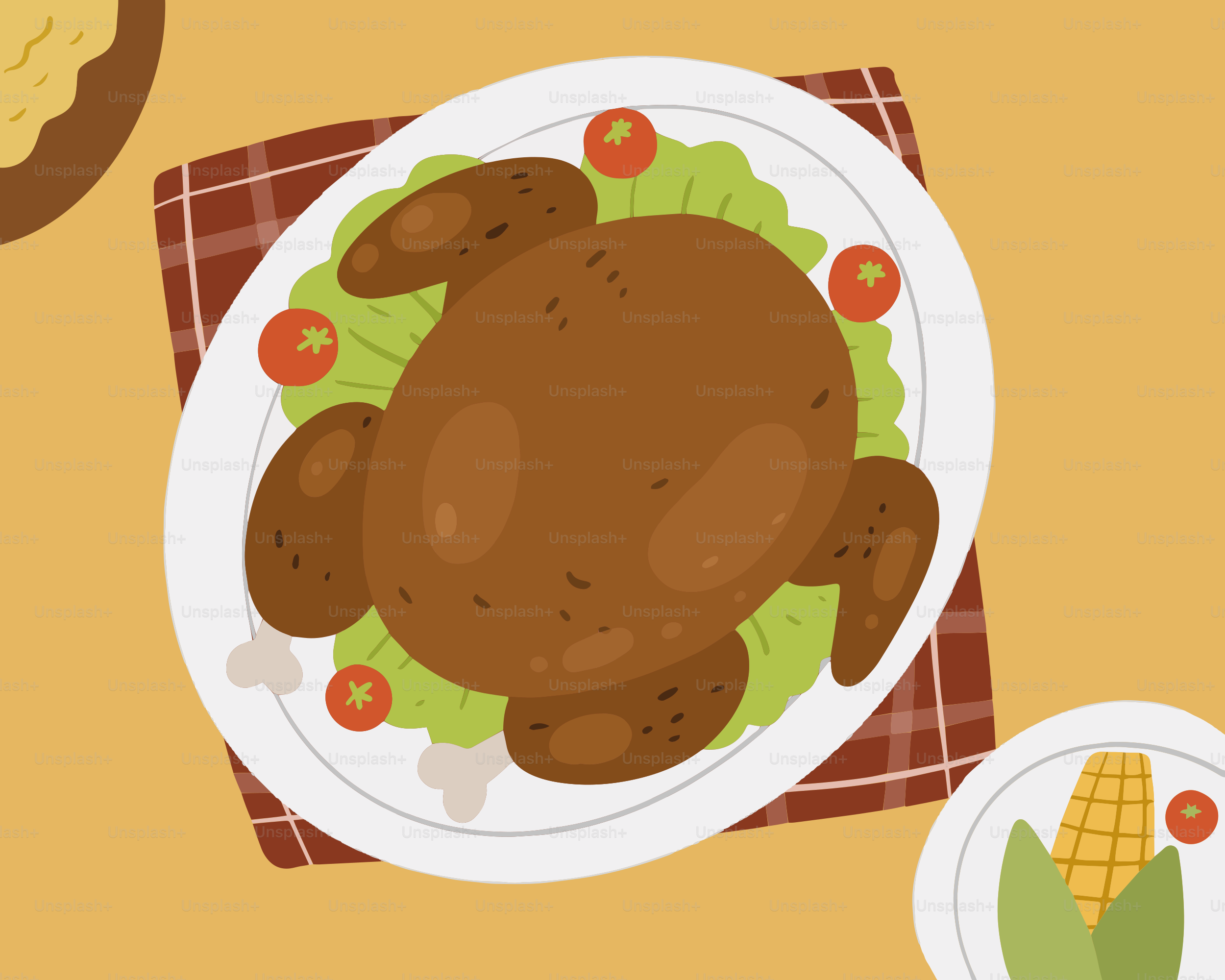 Un pavo en un plato con mazorca de maíz