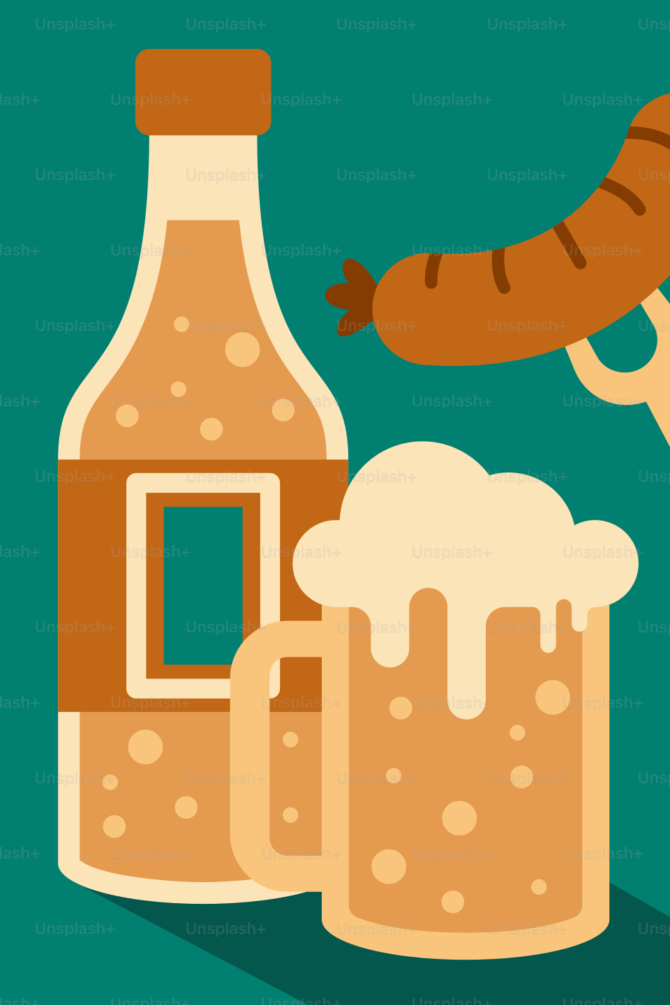 Una botella de cerveza, un vaso de cerveza y una salchicha sobre un fondo verde